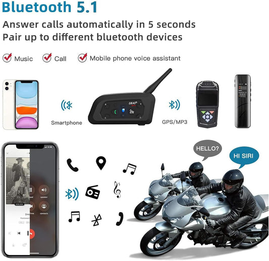 EJEAS VNETPHONE V6 Motorcycle Intercom Bluetooth Headsets 1200m up to 6 Riders DSP Noise Reduction, Waterproof, Communication System for Motorcycles, 2 Pieces.