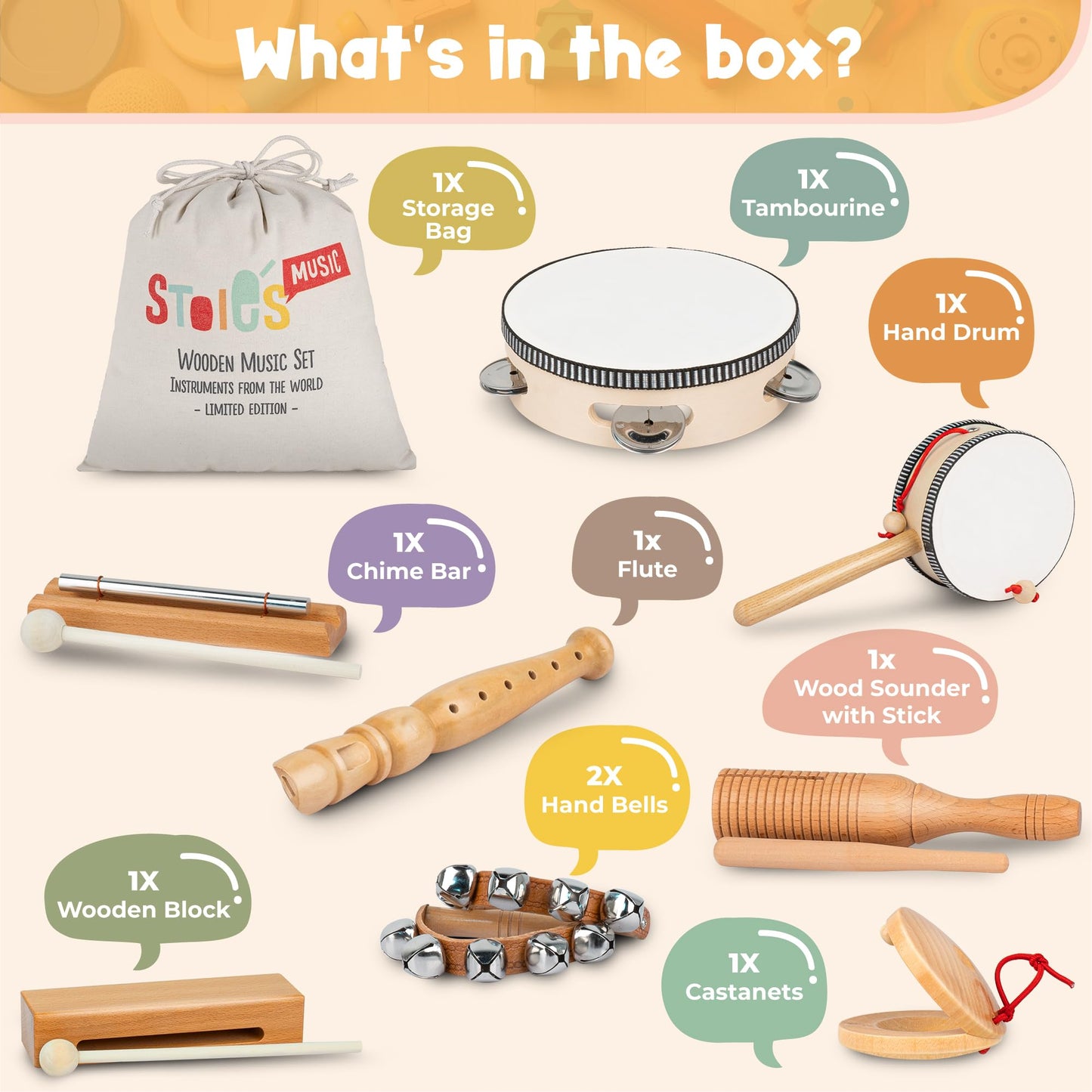 Stoie's International Wooden Music Set for toddlers and kids, eco-friendly music set with cotton storage bag.
