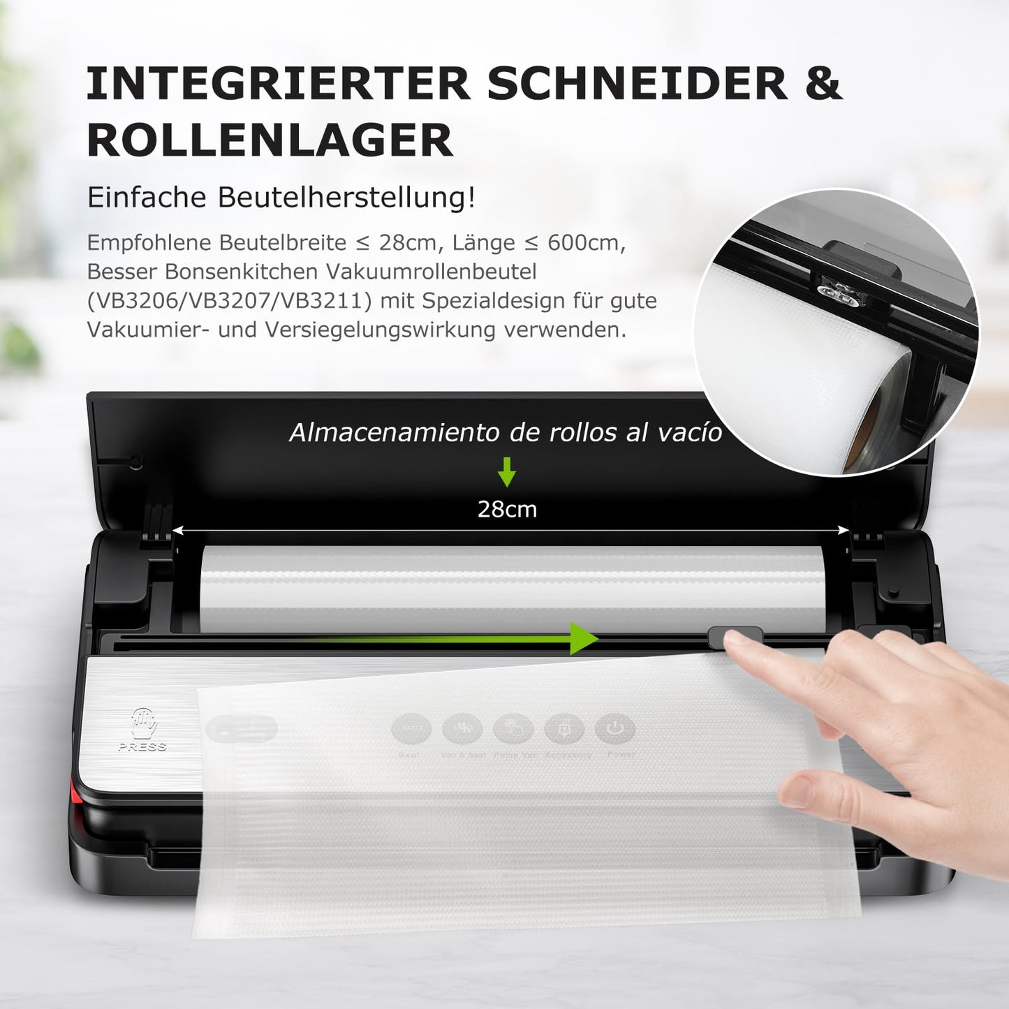 Bonsenkitchen vacuum sealer for dry and moist foods with built-in cutter, 1 roll of bags, 50 professional bags
