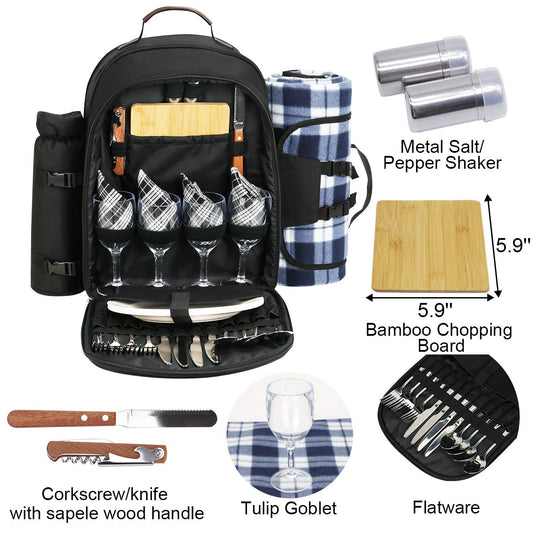 Sunflora picnic backpack for 4 people with blanket Picnic basket set for 2 with insulated cooler Wine bag for family couples (Black)