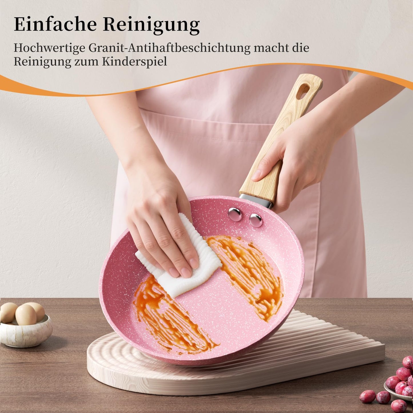 Innerwell 24 cm non-stick frying pan, induction pan with ceramic coating, professional quality omelette pan, healthy granite pan, oven-safe, PFOA-free, pink.
