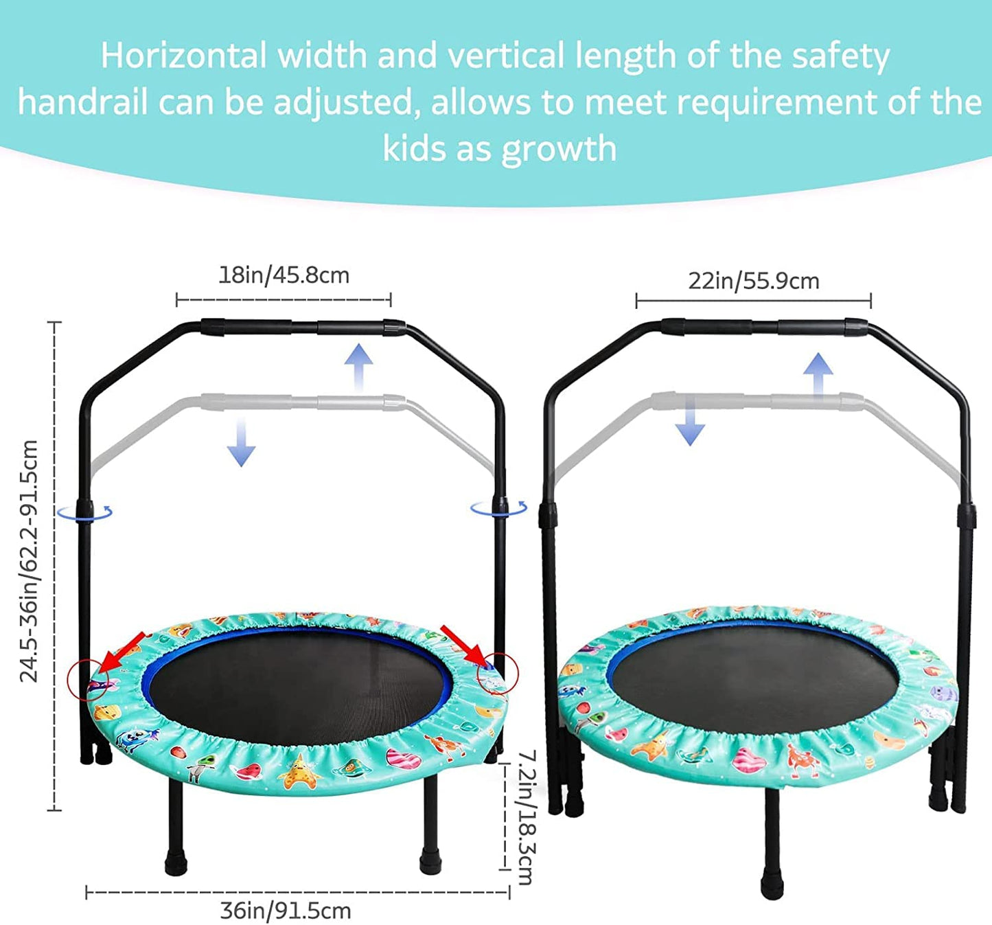 Kids trampoline, Ø approx 92cm Mini trampoline Foldable with detachable and adjustable handle, safe padding, garden trampoline indoor outdoor for children aged 3+ (Green)