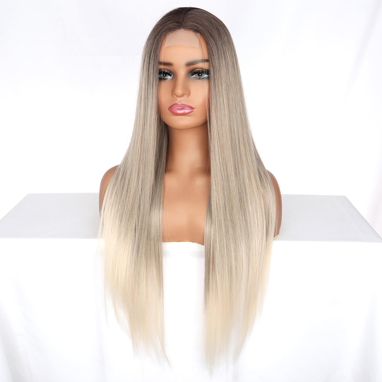 PORSMEER Ombre Blonde Wig Long Straight Lace Front Wigs for Women/Girls Natural Synthetic Brown Blonde Mix Wig for everyday wear or costume.