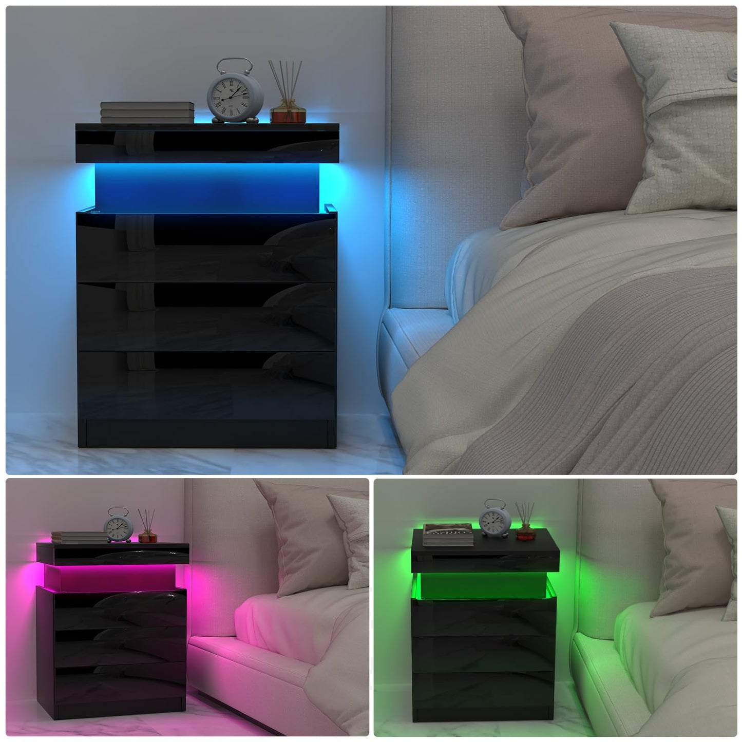 Lvhcmfohm Nightstand Black 2-Piece Set, Bedside Table with LED Light and Outlet, Nightstand with 3 Drawers and Hidden Sliding Cabinets for Living Room, Bedroom (45x40x67cm)