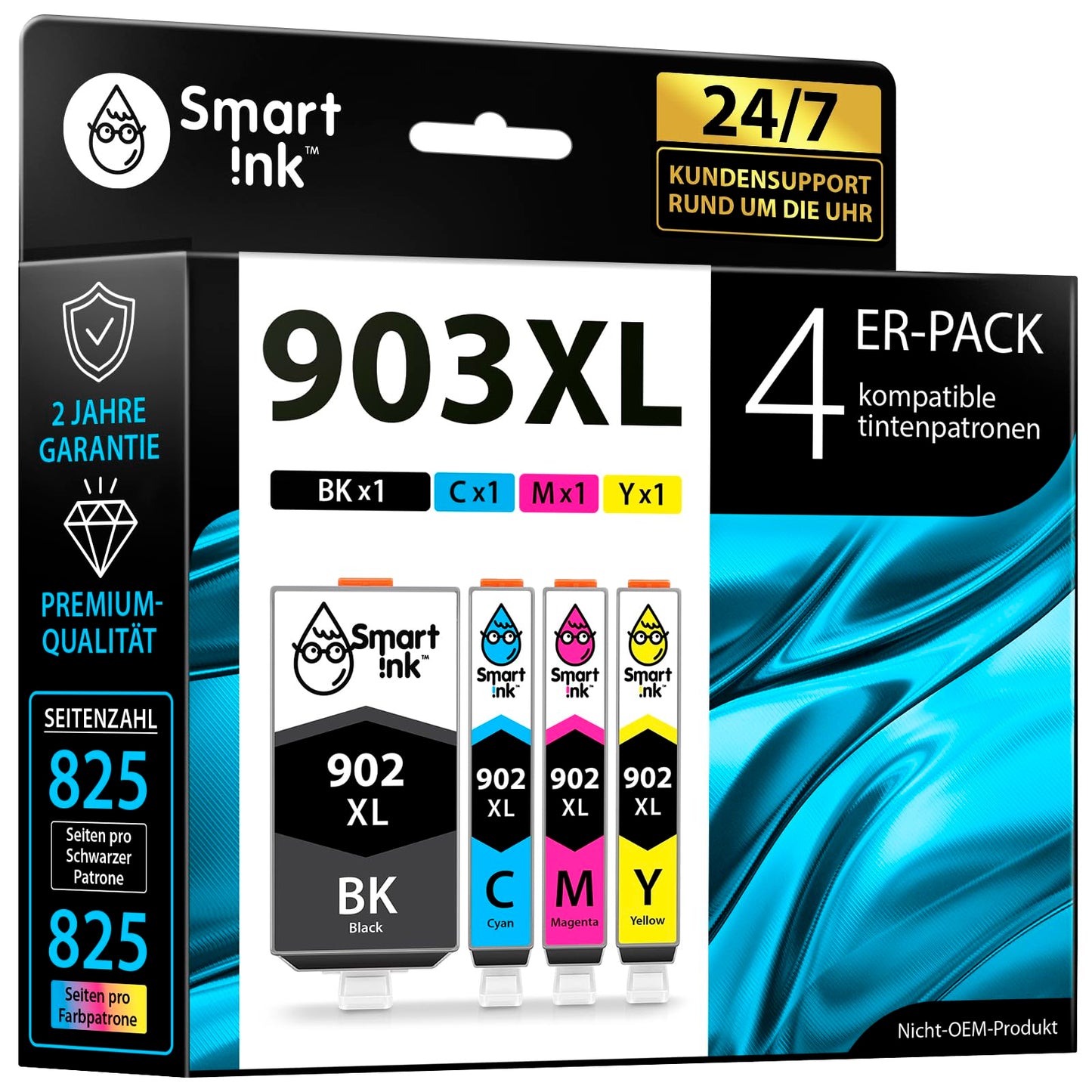 Smart Ink compatible printer cartridges as a replacement for HP 903 XL 903XL 4 Multipack (Black XL & Blue Red Yellow) with Advanced Chip Technology. Compatible with Officejet 6950 Officejet Pro 6960 6970 printers.