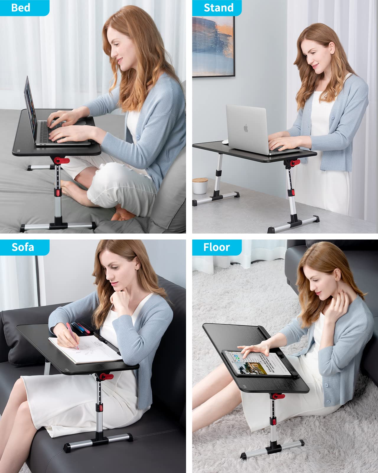 Table, SAIJI Adjustable Bed Table, with 4 adjustable angles, Foldable Lapdesk for working, studying, reading, writing, eating on sofa, couch, floor. Fits up to 17" laptop (60*33cm black)