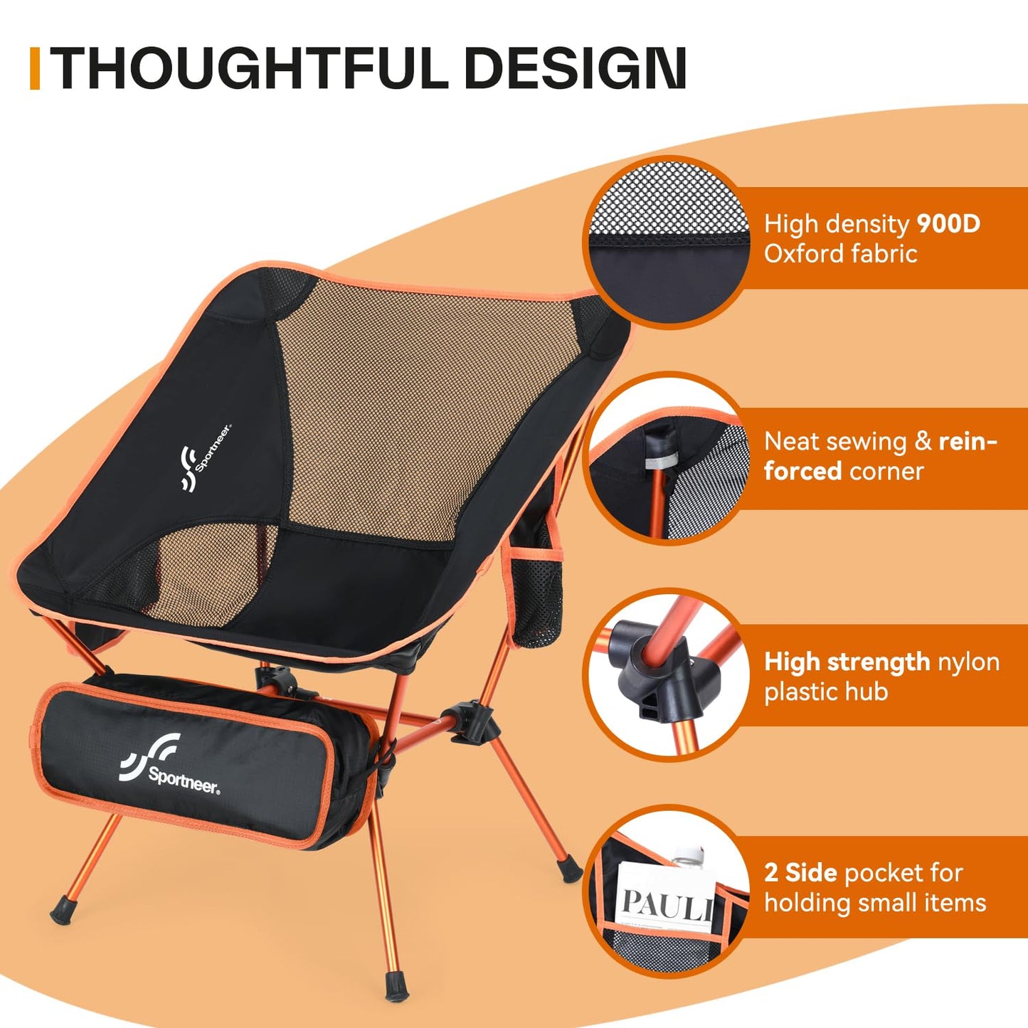 Sportneer folding camping chair is lightweight and portable, supporting up to 150kg. Compact and easy to carry with a carrying bag, perfect for picnics, outdoor activities, and hiking. Available in orange.