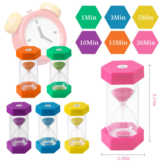 6 colorful hourglasses for kids, Colorful hourglass set 1/3/5/10/15/30 minutes, Timing hourglasses for kids' daily life, learning, game timing.