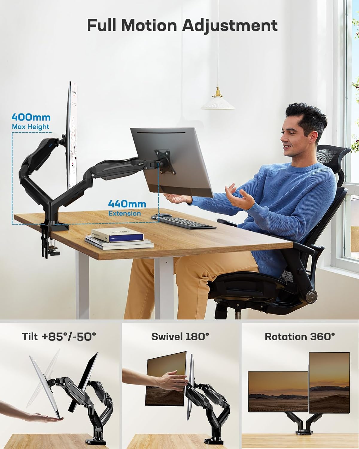 HUANUO Monitor Mount for 13 to 32 inch Screens, Dual Monitor Stand - 360° Rotation, 2 Mounting Options, VESA 75 & 100