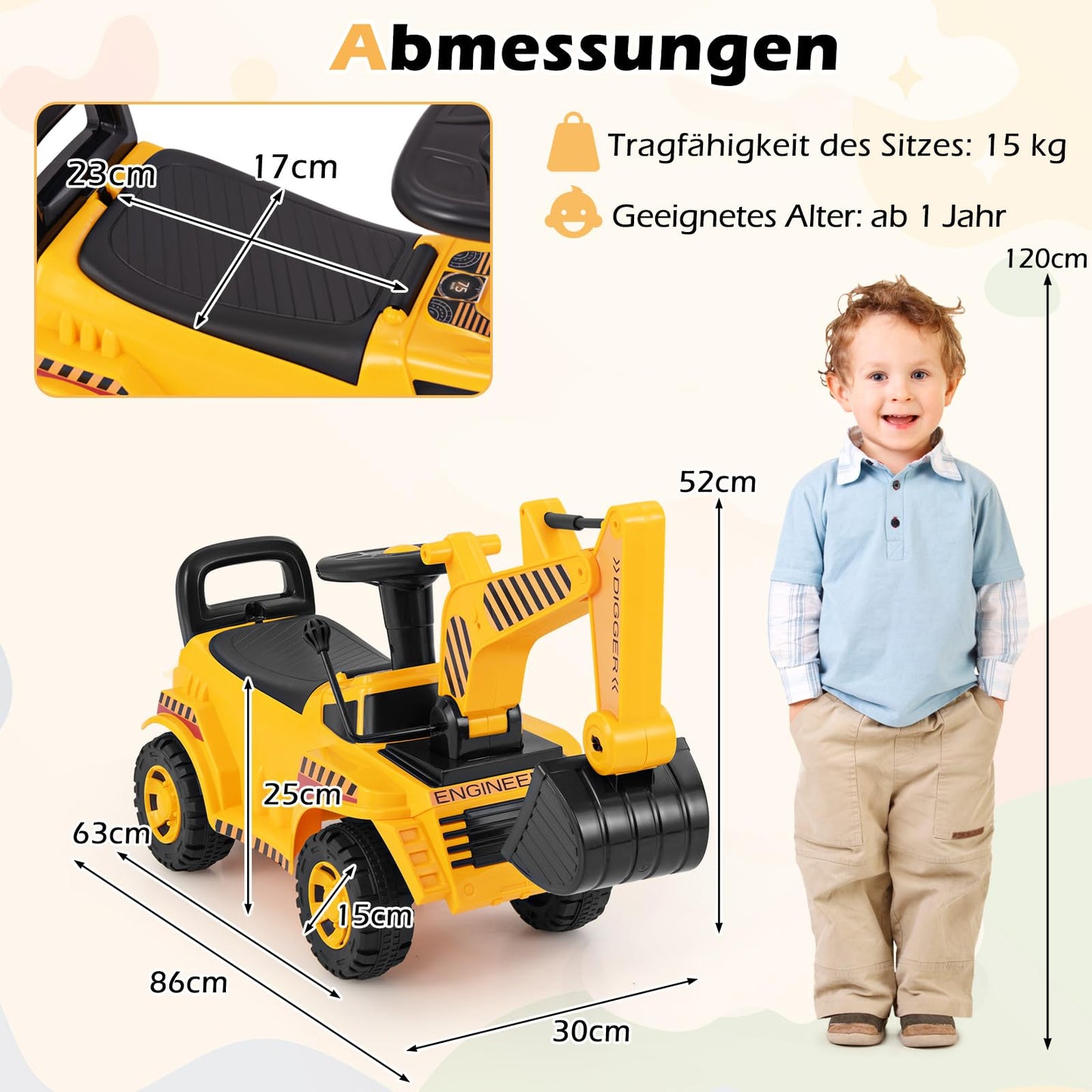 COSTWAY Ride-On Excavator for Kids, with Adjustable Shovel & Storage Space under the Seat, Excavator with Engine Sound & Tipping Protection, Ride-On Excavator for Children aged 1 year+