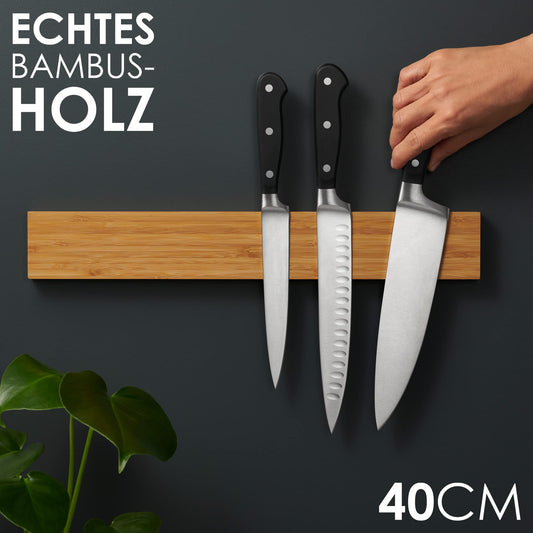 LARHN Bamboo Magnetic Knife Strip with Strong Magnet - 40 cm - Magnetic Knife Holder for Utensils and Tools - Knife Block without Knives