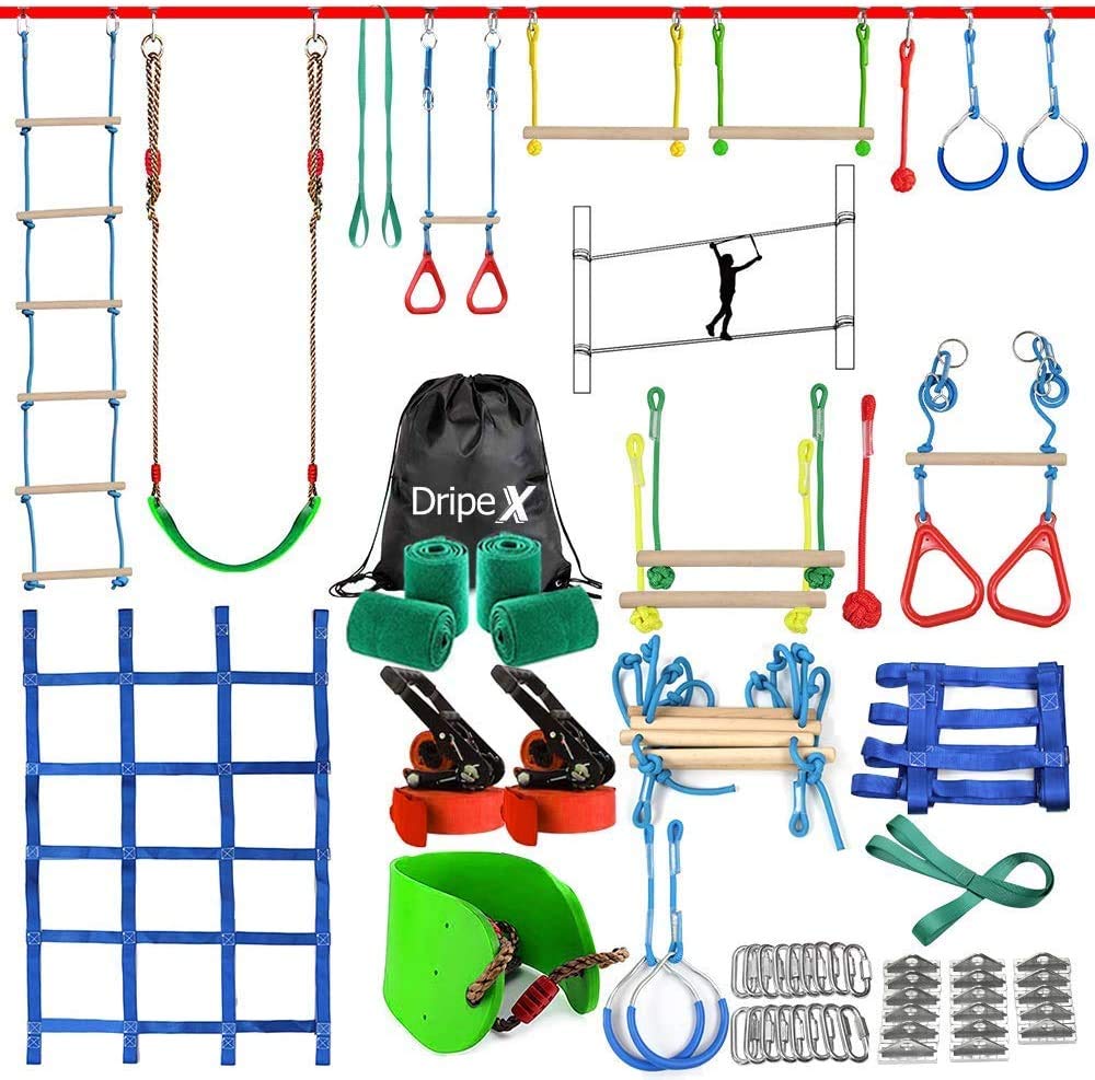 Dripex Slackline for Kids, 2×20m Ninja Slackline and Ninja Warrior Obstacle Course for Outdoor Garden, Ninja Course for Kids with Swing, Climbing Ladder, Climbing Net, and Tree Protectors, suitable for beginners.
