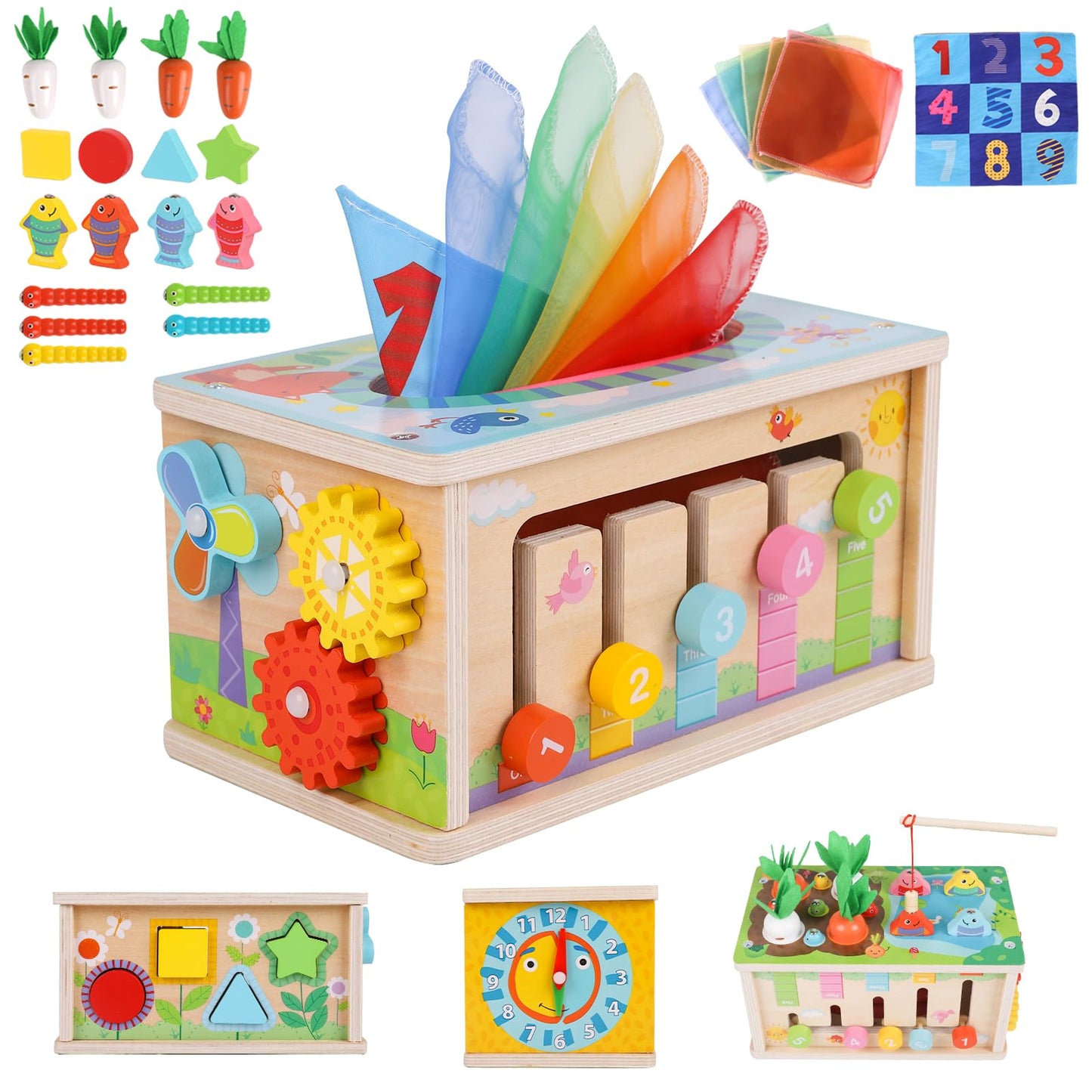 LZDMY Montessori Toy for Baby from 6 months, 6-in-1 Cloth Box with Crinkle Cloth, Wooden Motor Skills Cube Toy for 6-12 months Boys Girls, Motor Skills Toy for Children 1-3, Baby Gift