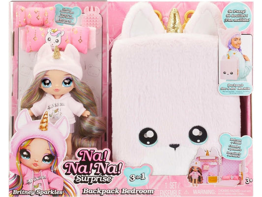 Na! Na! Na! Surprise 3-in-1 Backpack Bedroom Unicorn Playset with fashion doll Britney Sparkles and fluffy pink Unicorn backpack, closet with pillows & blanket - Perfect for kids ages 3 and up.