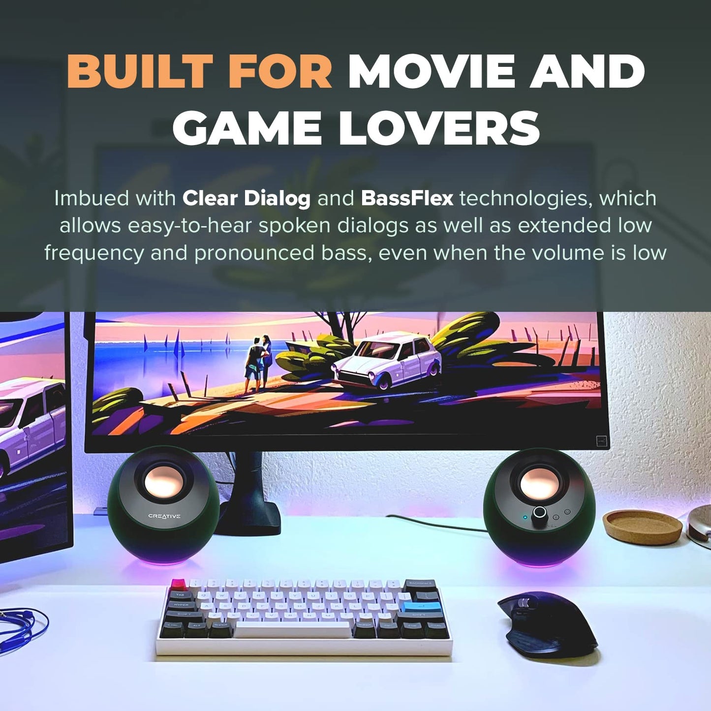 CREATIVE Pebble Pro 2.0 USB-C PC speakers with Bluetooth 5.3 and customizable RGB lighting, USB audio, and headphone/microphone jack.