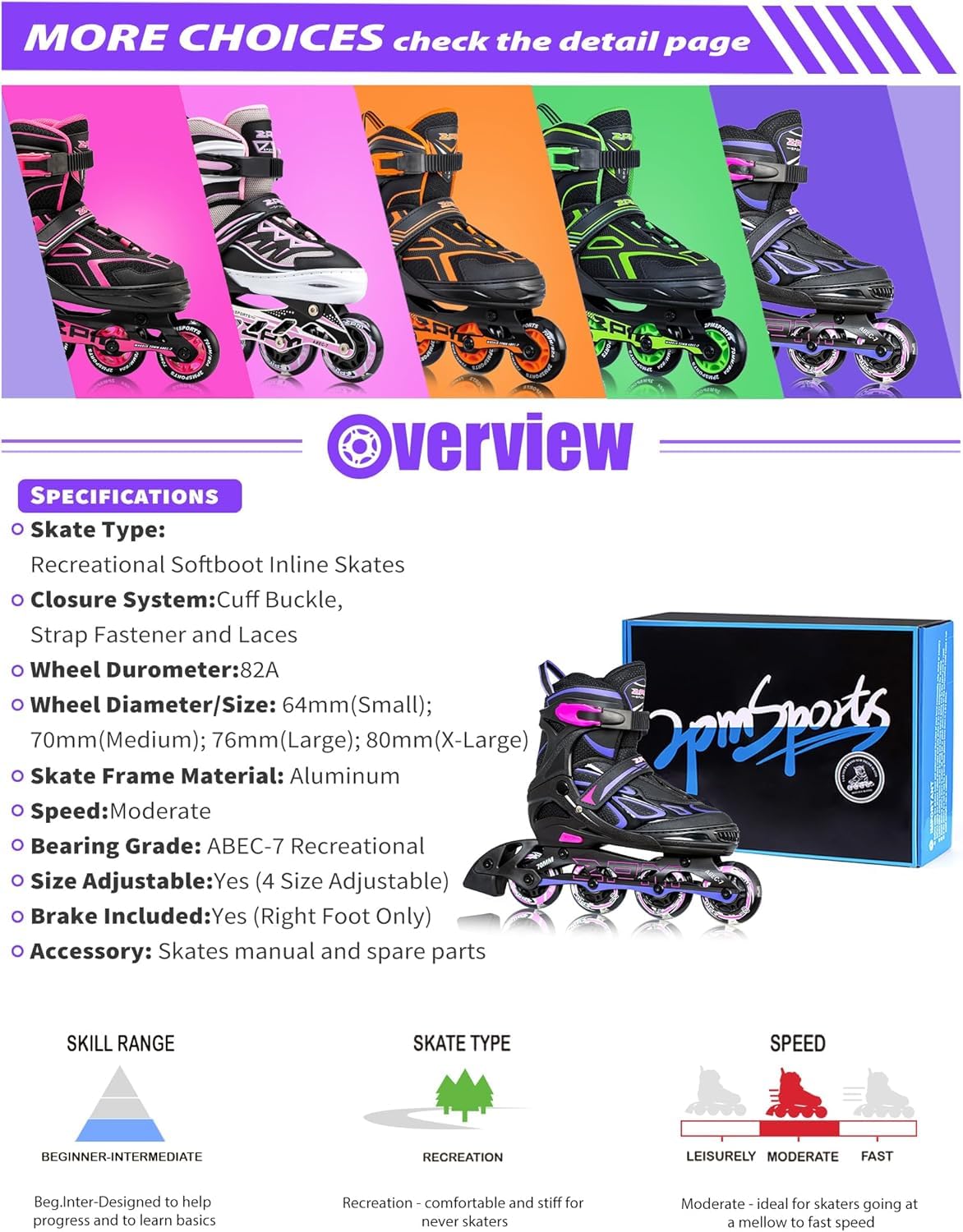2PM SPORTS Adjustable Inline Skates for Kids Girls Boys, Inline Skates Rollerblades for Women Men Size 30-33 34-37 38-41 42-44 (Purple XL)