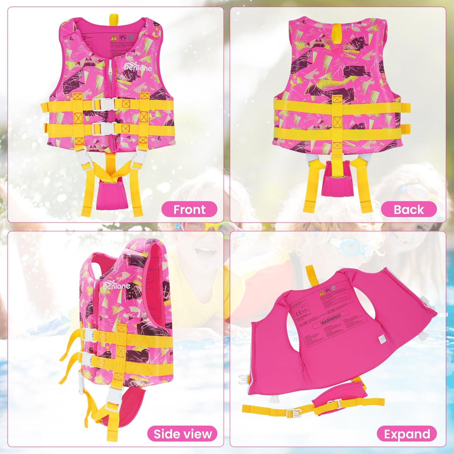 Swim vest for kids, neoprene vest perfect for toddlers. Ideal swim aid for bathing suit assistance in swim training. Adjustable safety straps for girls and boys - Pink, L (7-9 years)