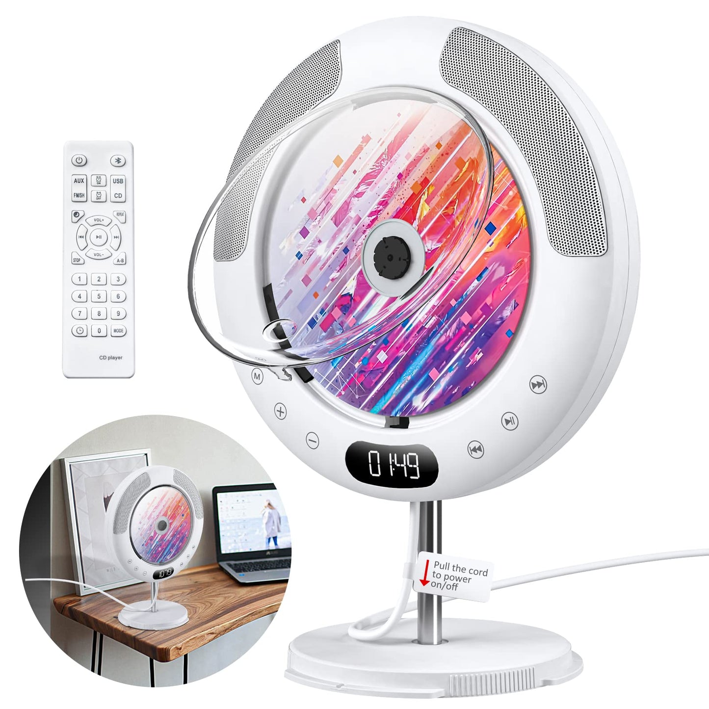 Gueray CD Player Bluetooth with touch button speaker CD player for wall mounting supports remote control display FM radio USB and TF card playback 3.5mm AUX dust cover pull switch design