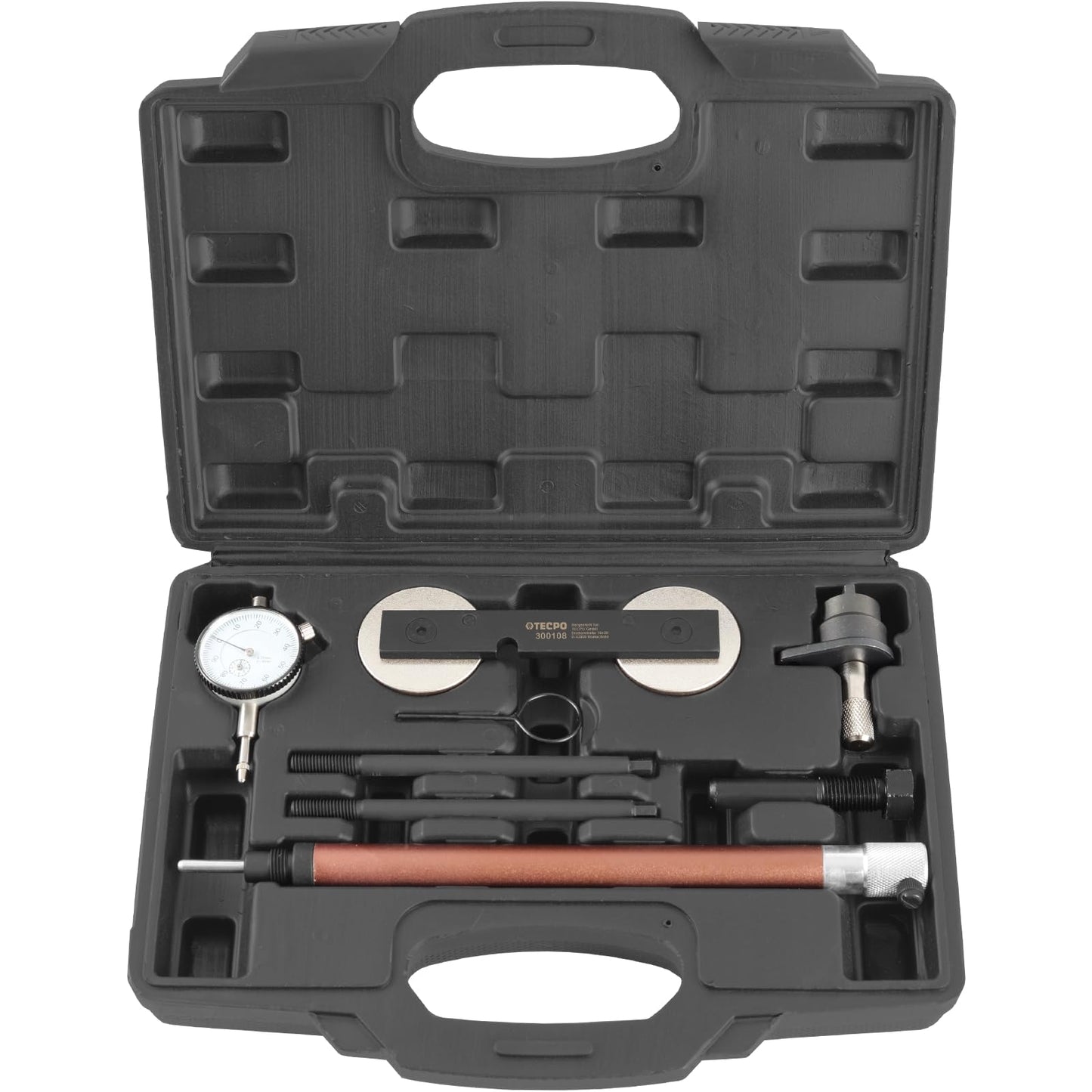TECPO Engine Timing Tool Set VAG 1.2 1.4 1.6 FSI TSI TFSI suitable for Audi, VW, Seat, Skoda. Includes camshaft/crankshaft locking tools, dial gauge, OEM T10171 T10340 T10414. Ideal for timing chain replacement.