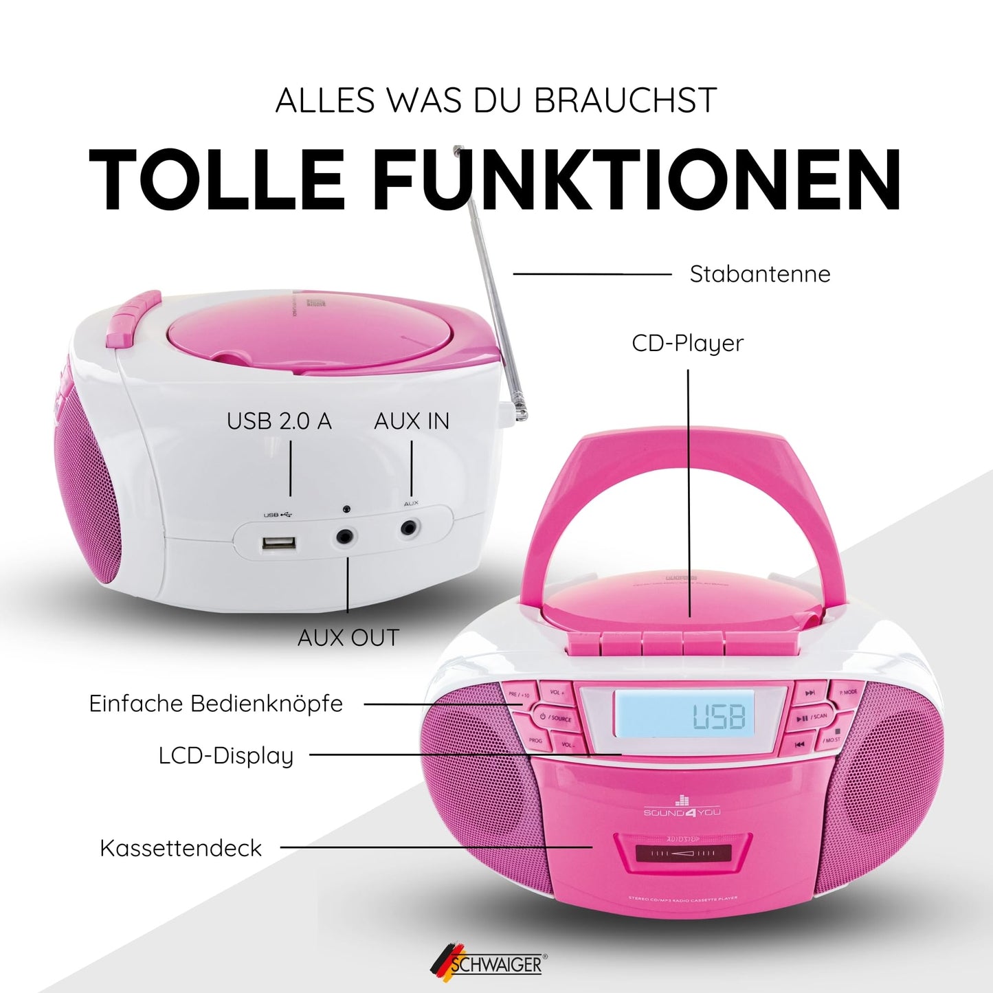 SCHWAIGER 661668- Portable CD Player with cassette and radio, MP3 USB connection, FM radio, AUX, headphones, boombox stereo for home and on the go, mains and battery operation, display