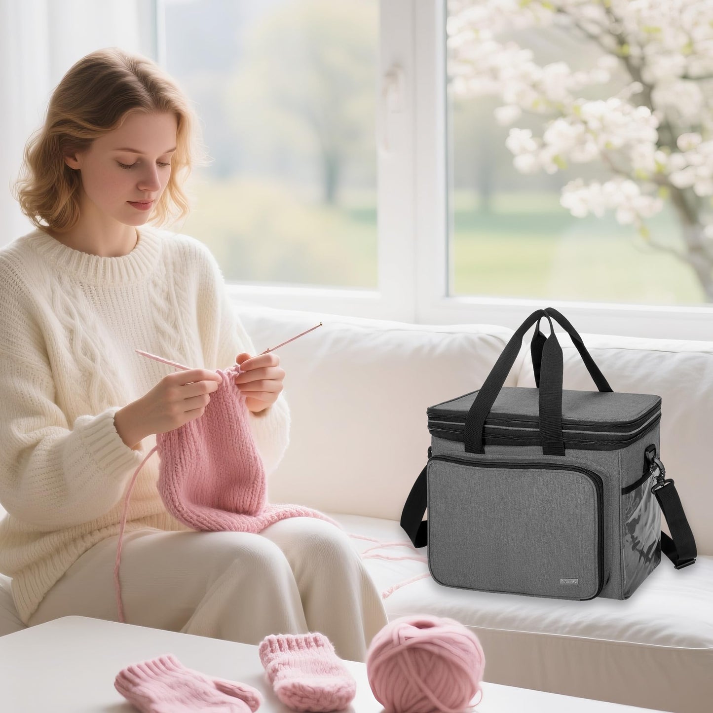 Teamoy storage bag for yarn, suitable for carrying knitting/crochet yarn and accessories, with double lids (accessories not included), Gray.