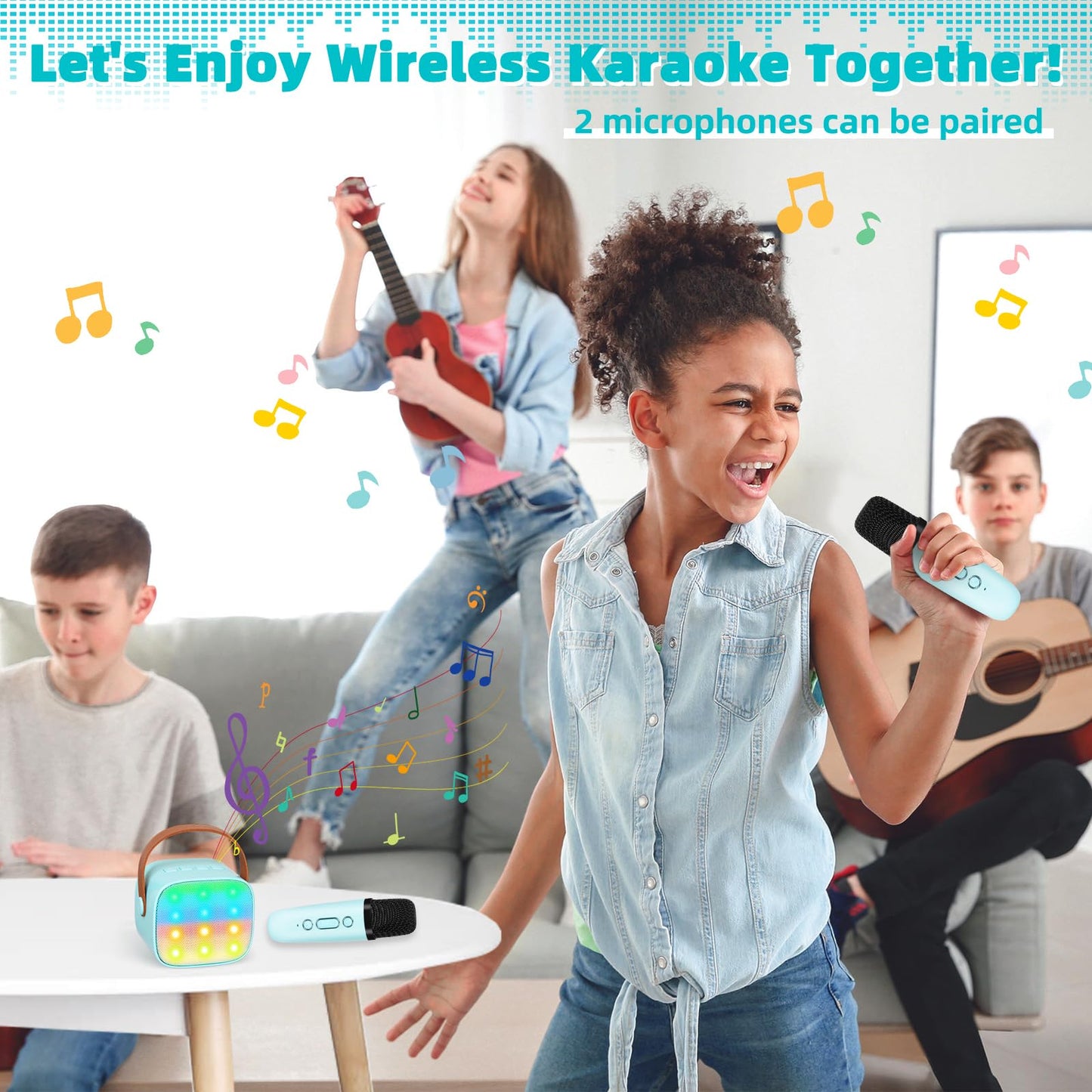Karaoke machine for kids, mini karaoke system with 2 microphones, portable Bluetooth speaker with voice effects & LED lights, gifts toy for 3-12 year old girls and boys.