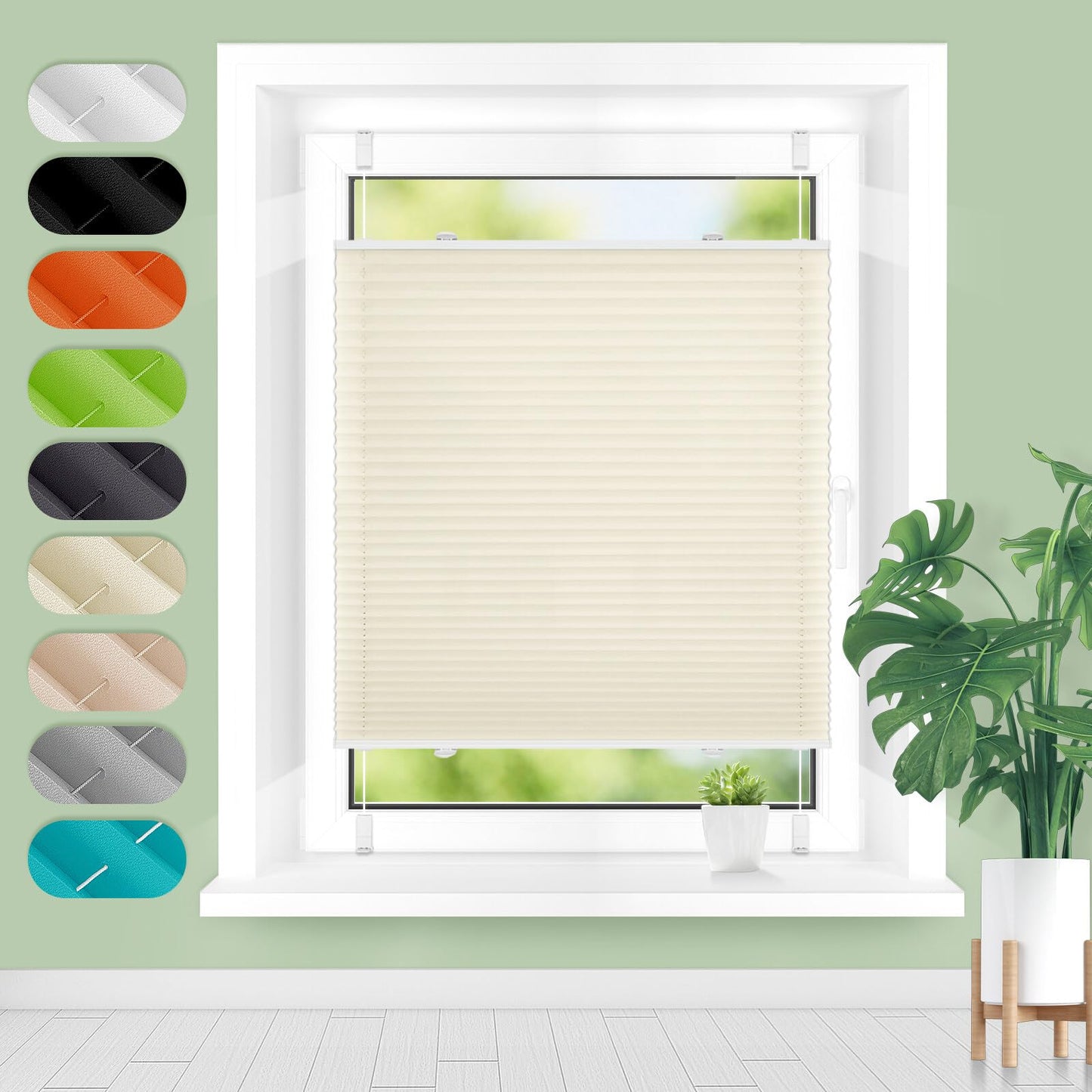 Home Plisse without drilling clampfix B55 x H120 cm Beige, pleated blinds for windows and doors, Easyfix pleated roller blind with clamp bracket sun protection and privacy translucent roller