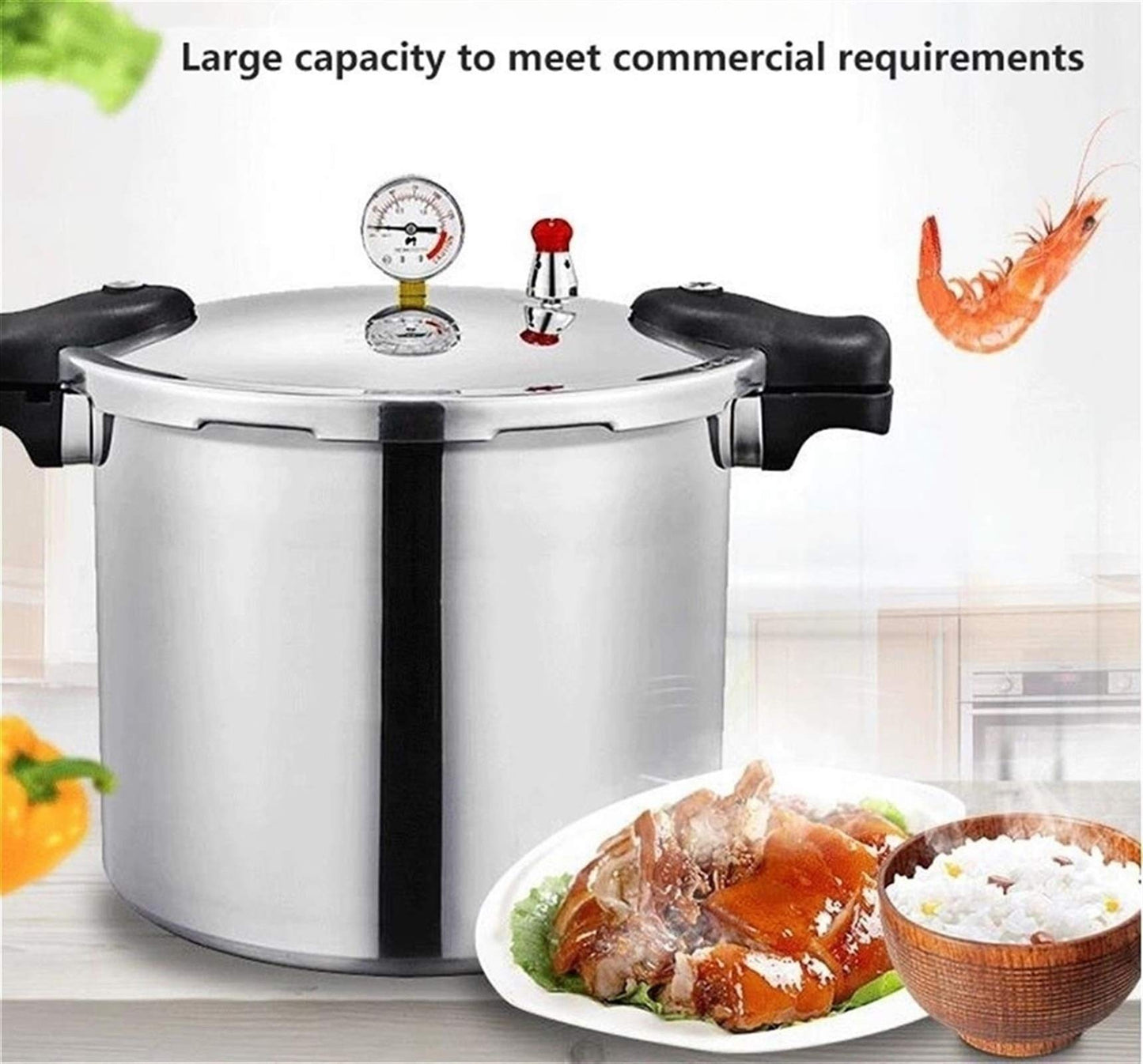 25 liter pressure cooker canner for all American canning needs, water bath canner included. Features pressure gauge, pressure regulator, and induction compatibility. Pressure release valve set at 13 PSI +/- 5%.