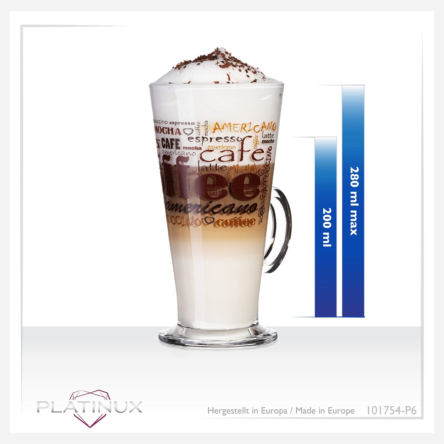 PLATINUX Coffee Glasses with design max. 280ml Set of 6 made of glass Latte Macchiato Glasses with handle Cappuccino Glasses