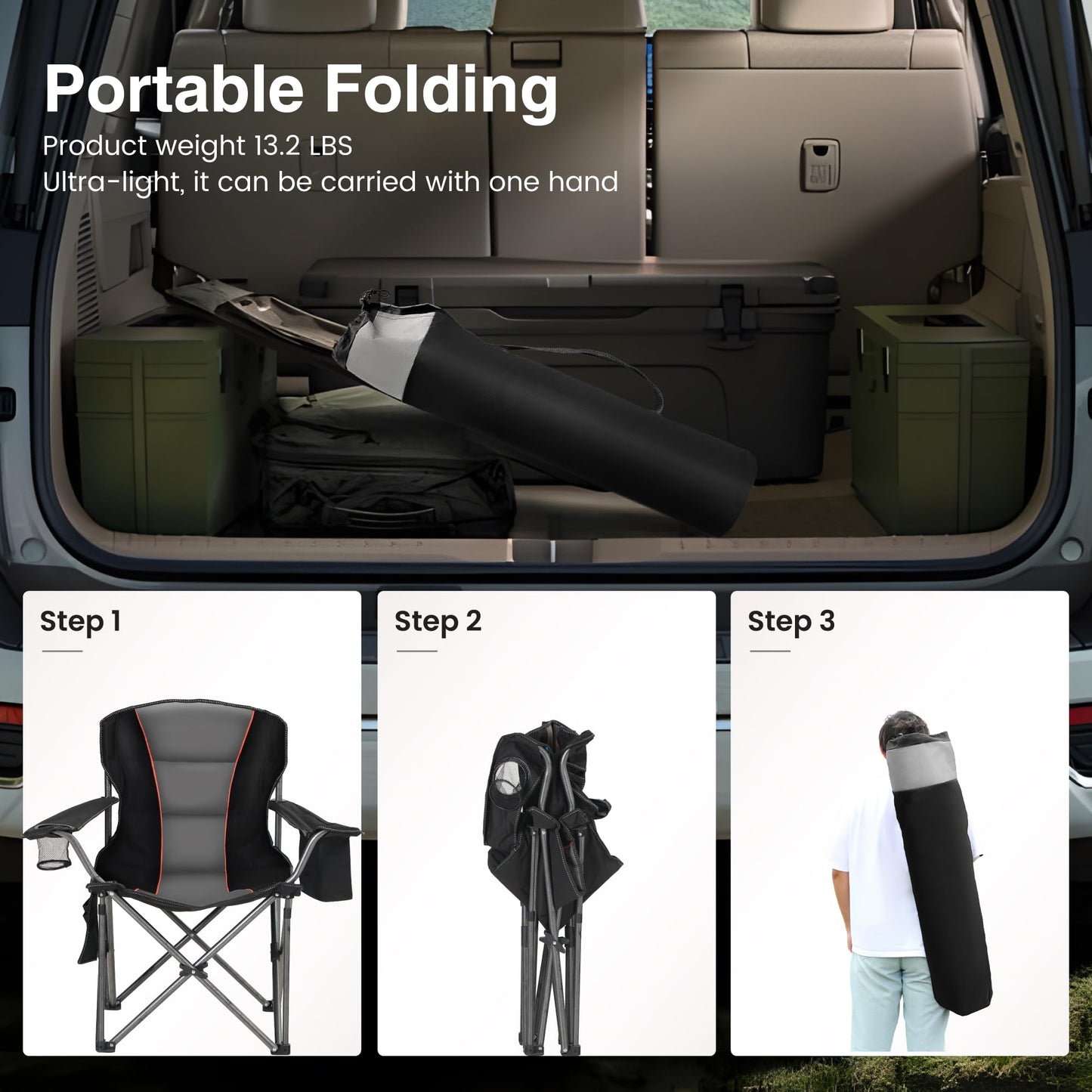 HIGH POINT SPORTS Folding Camping Chair 2-Pack 440lbs Foldable Padded Chair with Cup Holders XXL Folding Fishing Chair with Armrests Outdoor Chair Black
