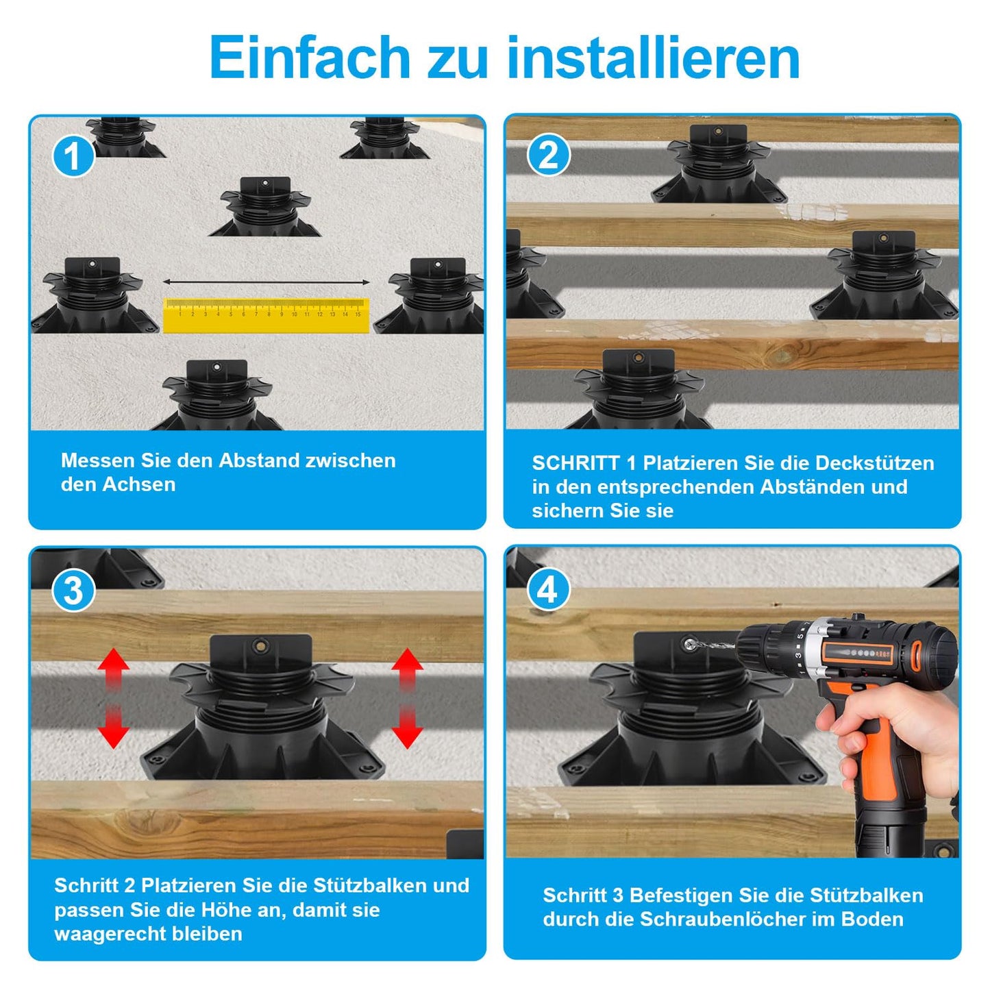 Jiubiaz 10 x Adjustable Pedestal Supports Height Adjustable 18-140 mm for Terrace Substructure Wood WPC, Size: 30-60 mm