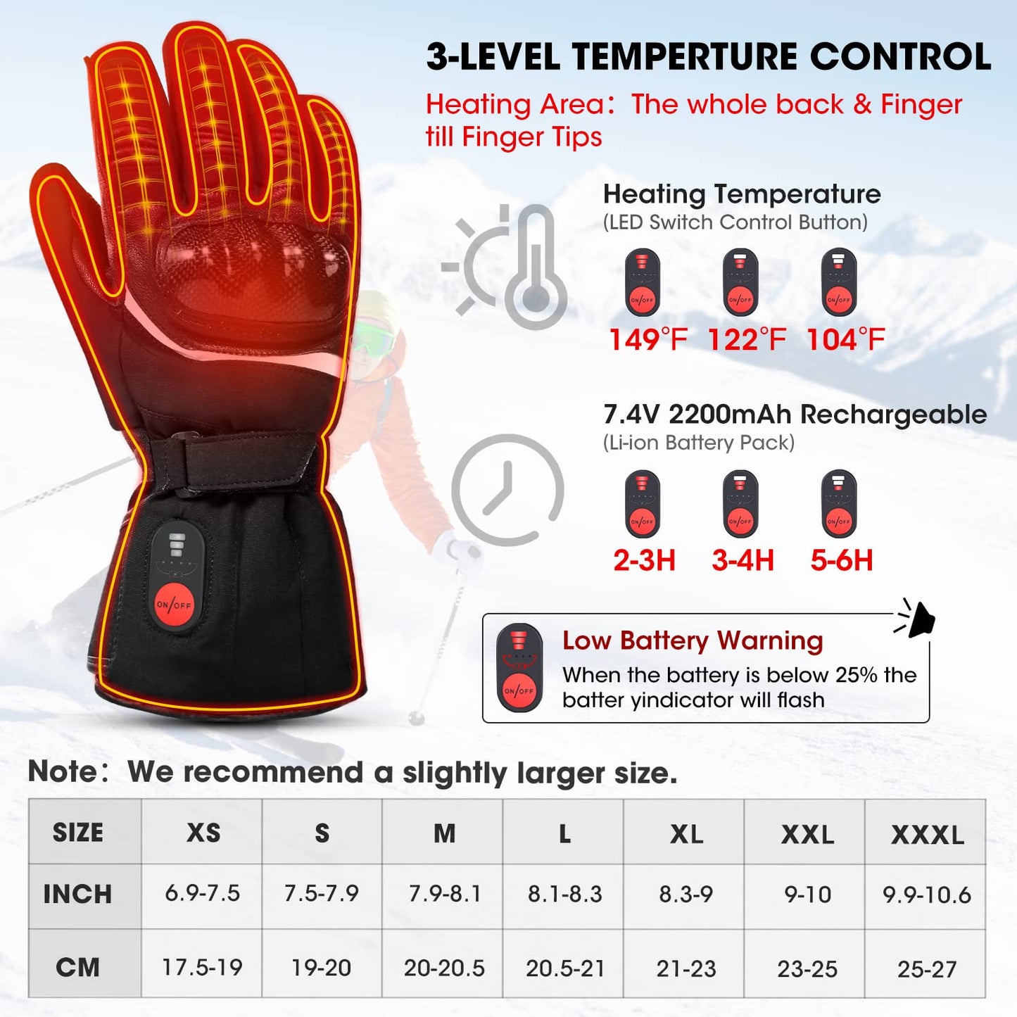 Heated gloves Rechargeable motorcycle gloves Waterproof cycling gloves Men Women Winter gloves for skiing, hunting, fishing, Raynaud's disease, arthritis M Black