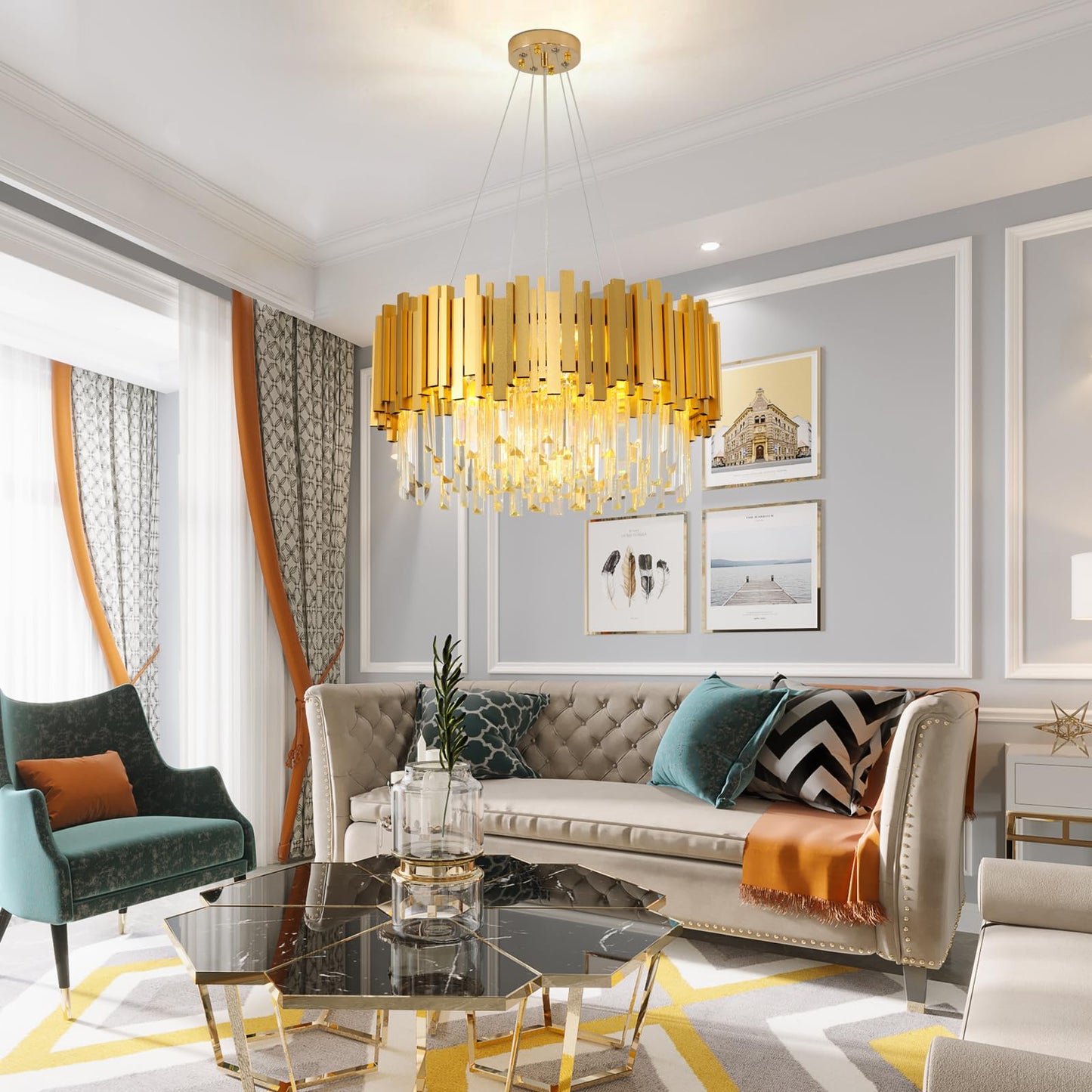 AHXIAOZN Modern Crystal Chandelier, Crystal Ceiling Light Gold, 9xE14 Lights for Dining Room, Kitchen, Living Room, Bedroom, Hallway, Café, Bar