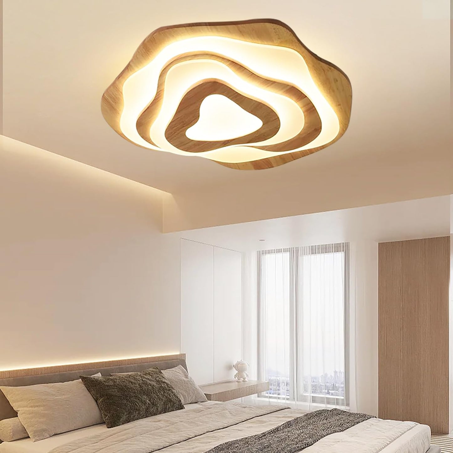 SENFAI LED living room ceiling light wood ceiling lamp 3000K warm white 50W Ø 60cm modern wooden lamp bedroom lamp living room lamp irregular round children's room lamp (not dimmable)