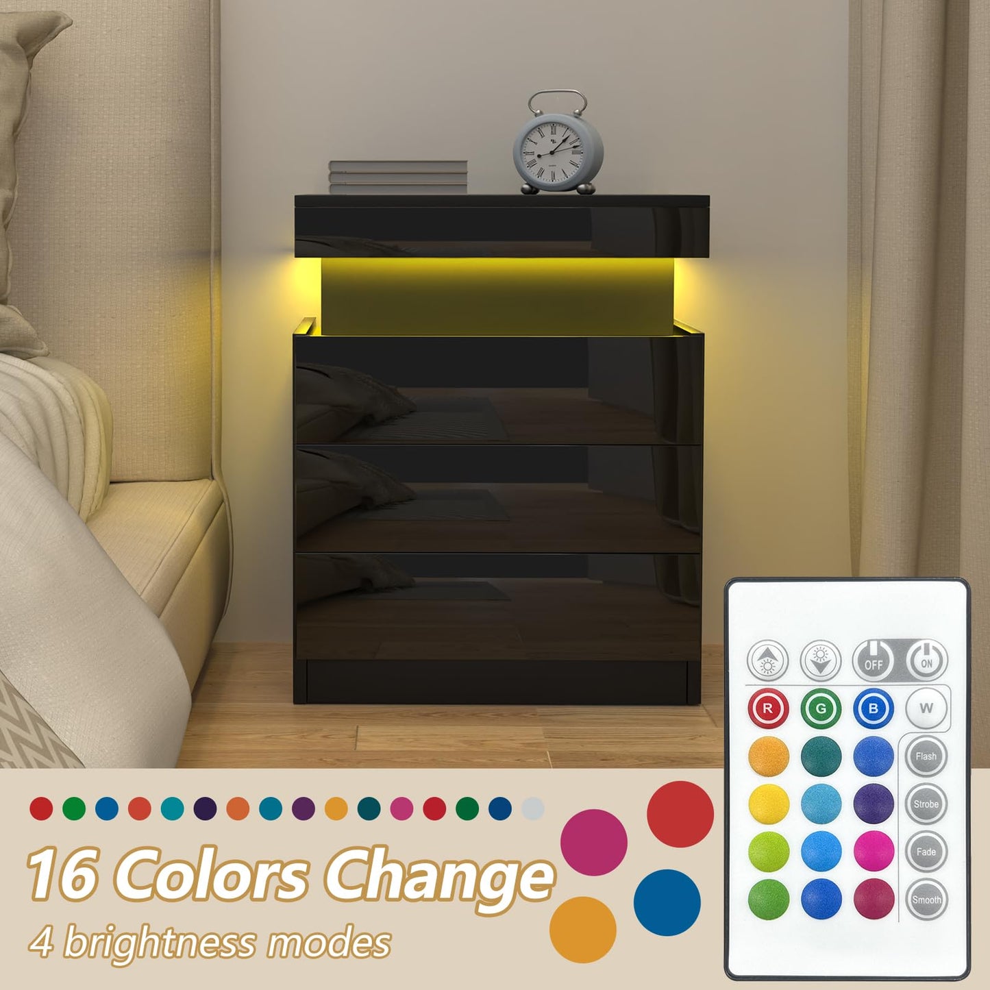 Lvhcmfohm nightstand with outlet, bedside table with LED light, nightstand with 3 drawers and hidden sliding cabinets for living room, bedroom (Black, 45x40x67cm)