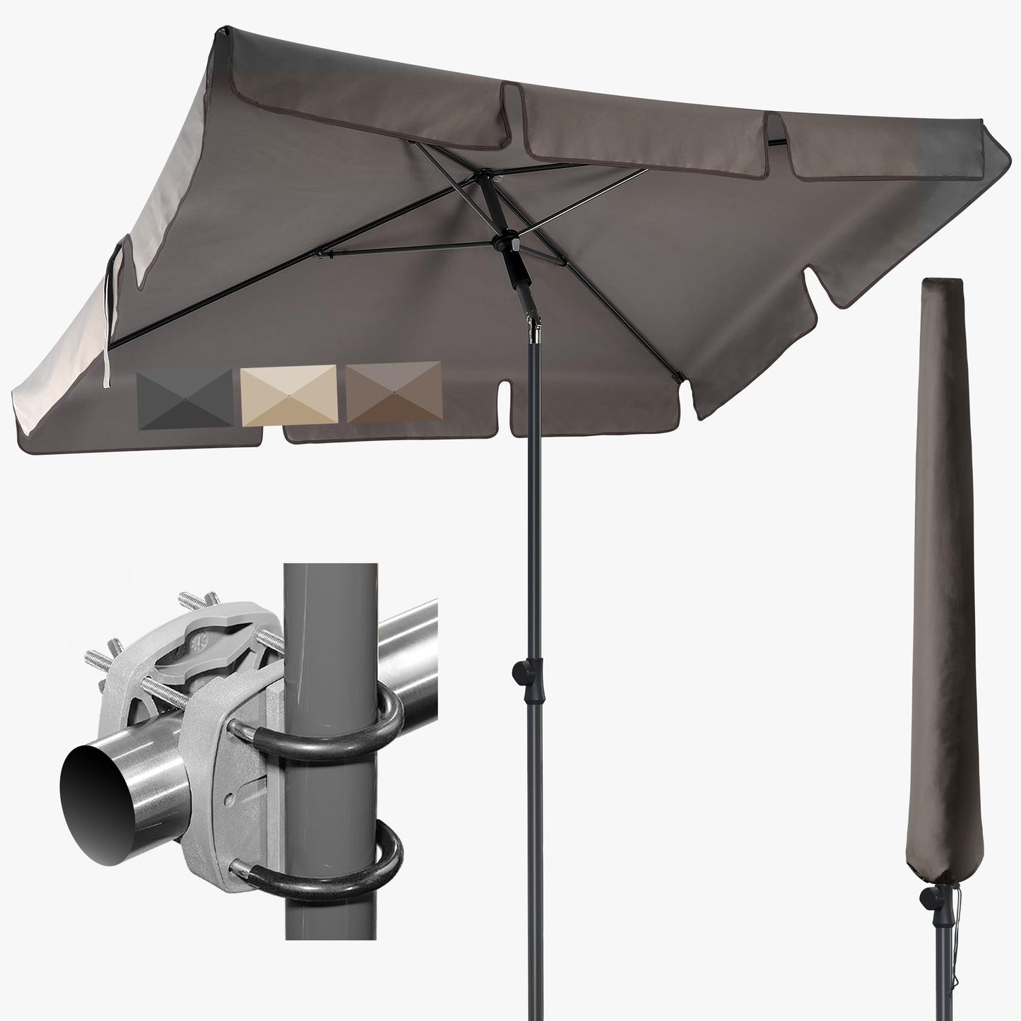 4smile balcony umbrella SunnyShade Plus, Sun protection balcony SET 3-in-1, Taupe - UV50+ rectangular umbrella 200 x 125 cm + umbrella holder balcony railing + umbrella cover.