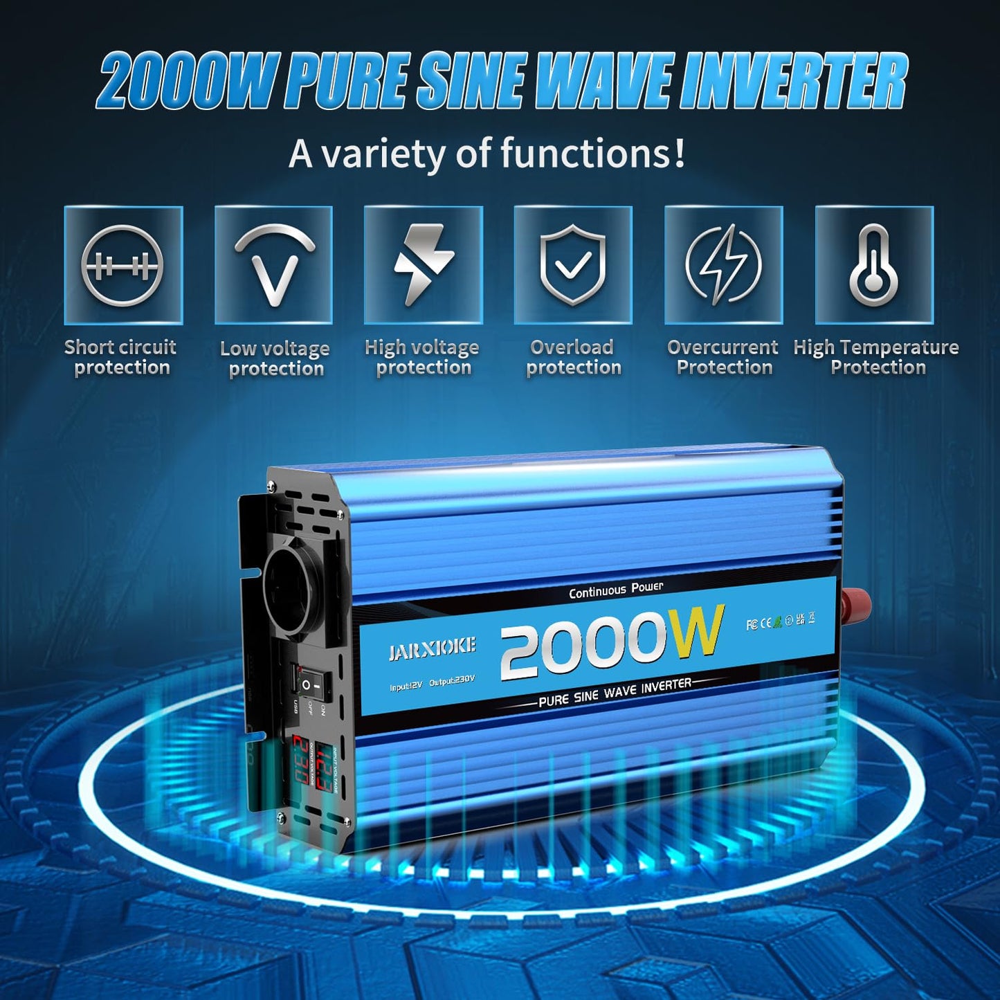 2000W Pure Sine Wave Inverter 12V to 230V Power Inverter DC Converter with AC Outlets USB Ports and LED Display for RV Car (Peak Power 4000 Watt)