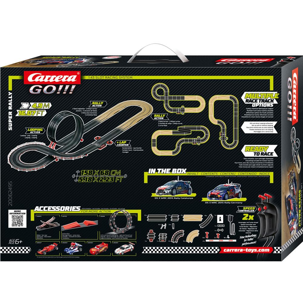 Carrera GO!!! Super Rally car racing track for adults & kids 6+ I 4.9m track with looping and remote-controlled Citroën DS 3 WRC I 2 hand controllers with turbo button I Easter gifts