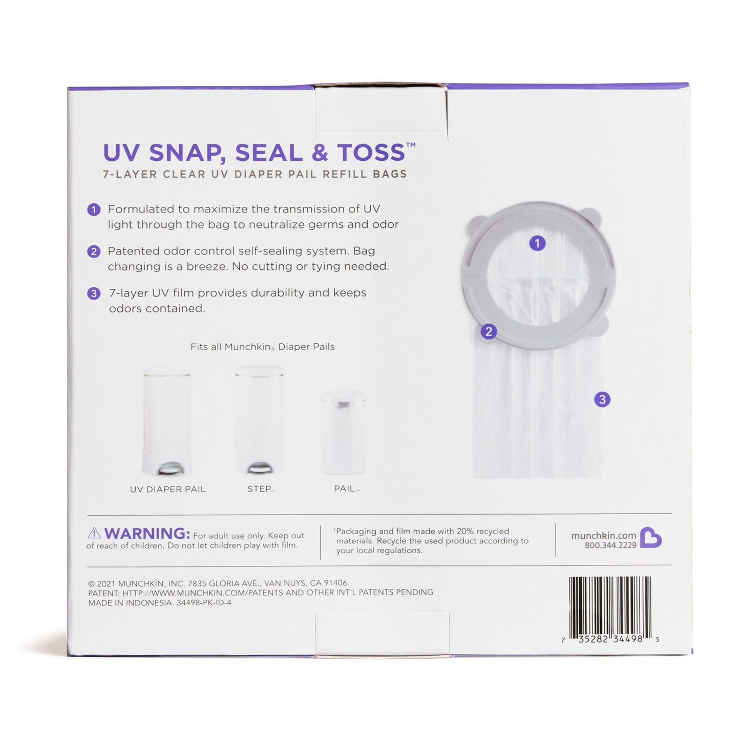 Munchkin UV Snap, Seal & Toss Diaper Pail Refill Bags, for 600 diapers, 20 pieces