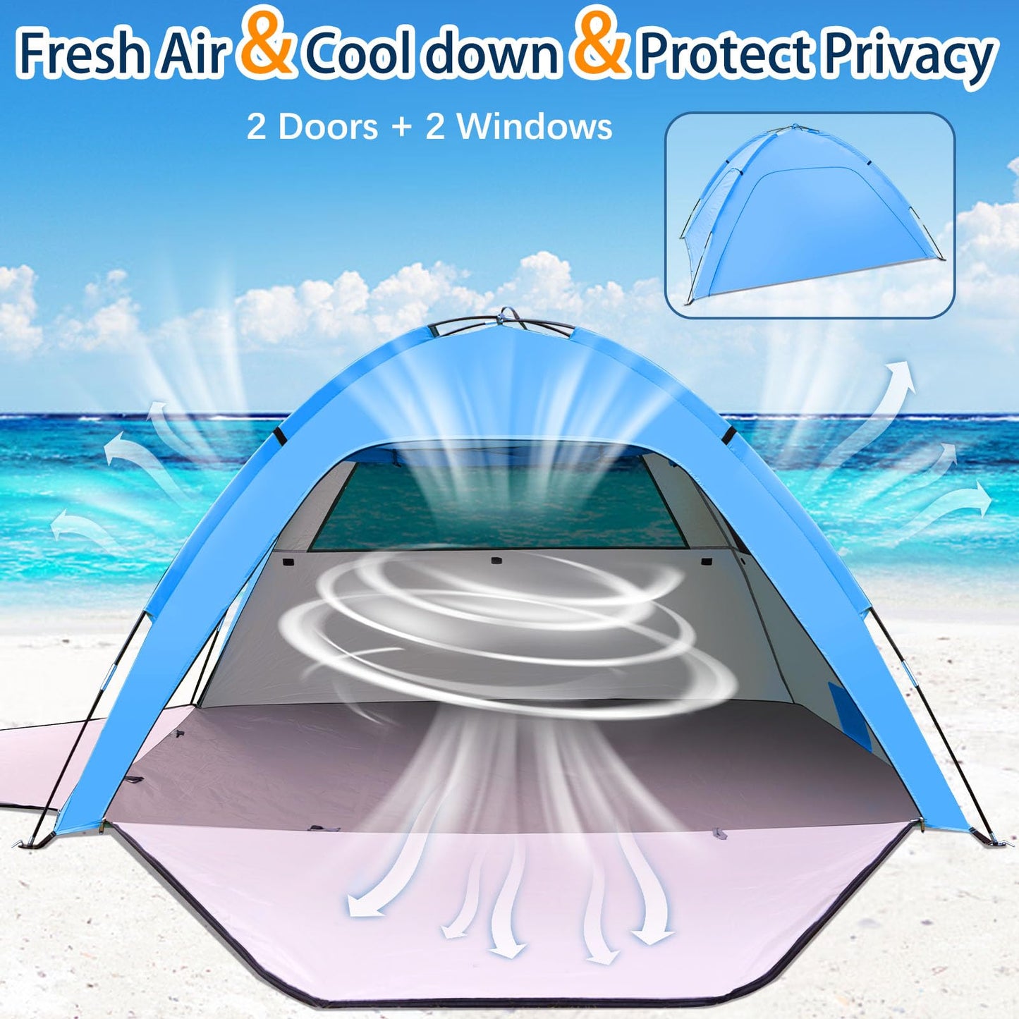 Beach tent for 1-3 people with UV protection 80+, 2 zipper doors, and 2 mesh windows. Family beach shelter with carrying bag for sun protection and shade at the beach.