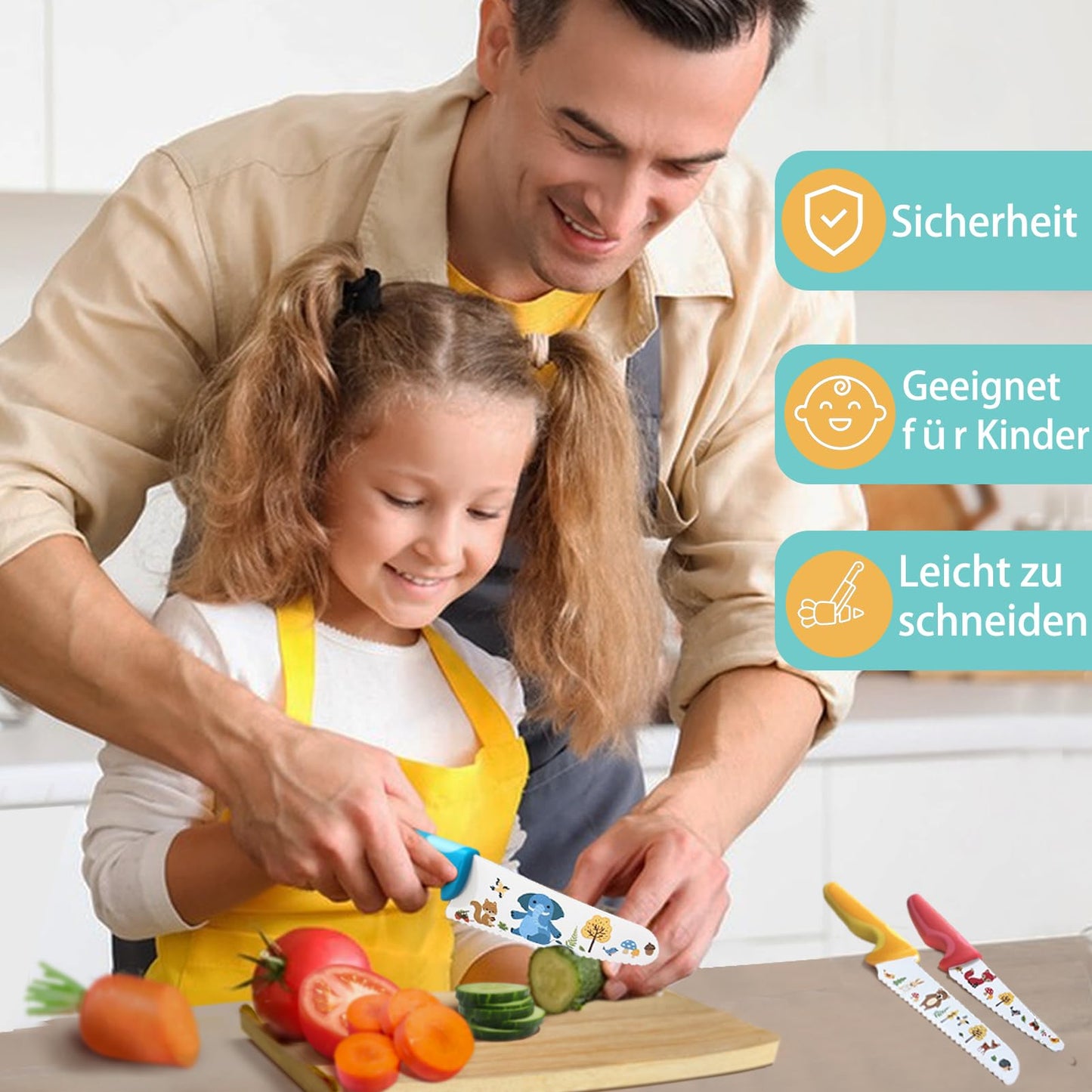 Kibbidea 4-piece child knife set, safety, stainless steel blade, serrated edge, kids kitchen knives, teaching cutting skills for cutting fruit or vegetables, suitable for children aged 3 years and older.