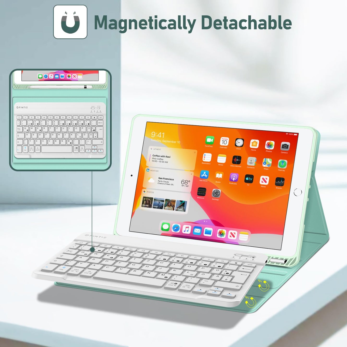 FINTIE Keyboard Case for iPad 10.2 Inch (9/8/7 Generation - 2021/2020/2019), protective cover with TPU backshell, pencil holder, and magnetically removable keyboard with QWERTZ layout, emerald.