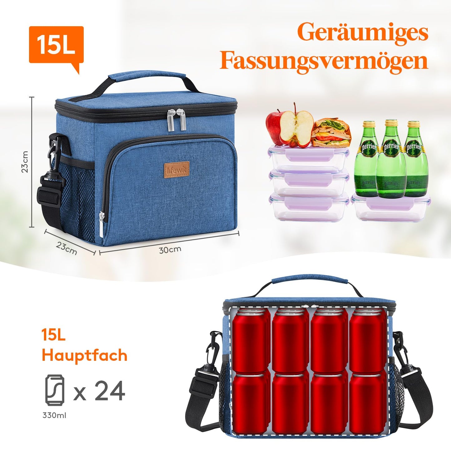 Lifewit Insulated Cooler Bag, Reusable Lunch Bag, Portable Ice Chest, Tote Bag, Leakproof, with Adjustable Shoulder Strap for Adults for Work/Picnic, Dark Blue 15L, 24 Can