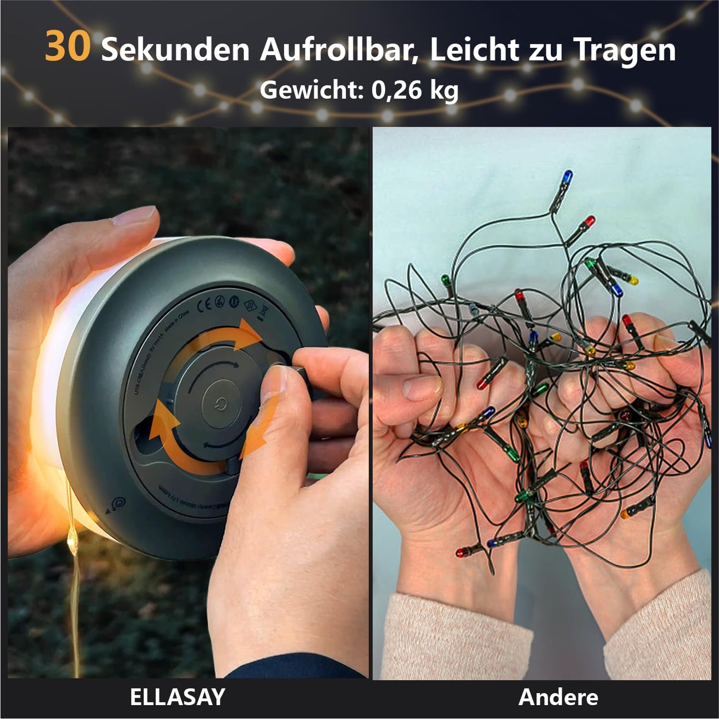 ELLASAY Camping String Lights, Outdoor String Lights with 5 Lighting Modes, 30s Recovery, Durable and Waterproof, USB Charging - 10M Portable Camping Lamp for Camping, Garden and Hiking