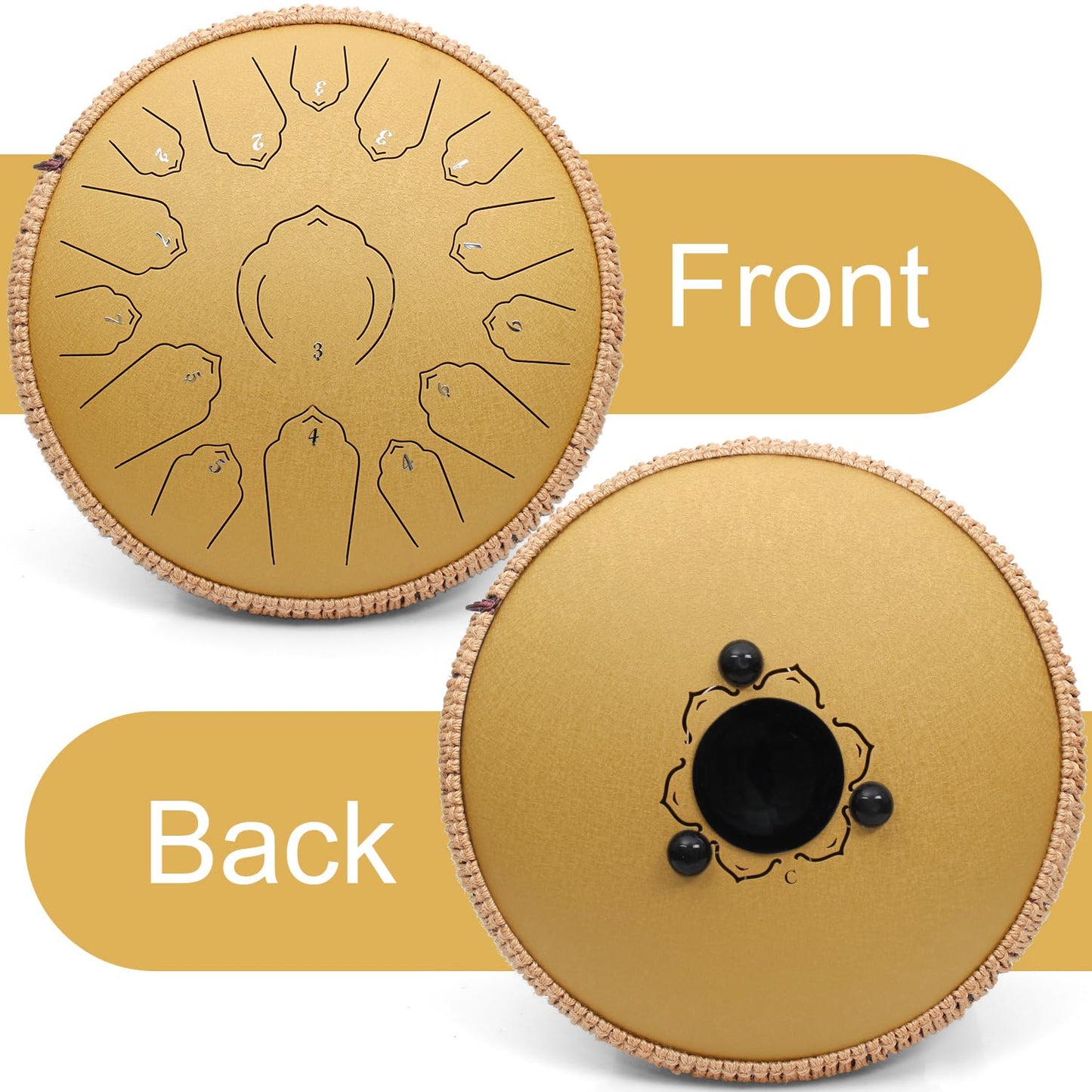 AMKOSKR Steel Tongue Drum, 14 inch 35 cm Steel Tongue Drum, C major 15 notes, Hand Drum HandPan Drum with Drumsticks/Carrying Bag (Gold)