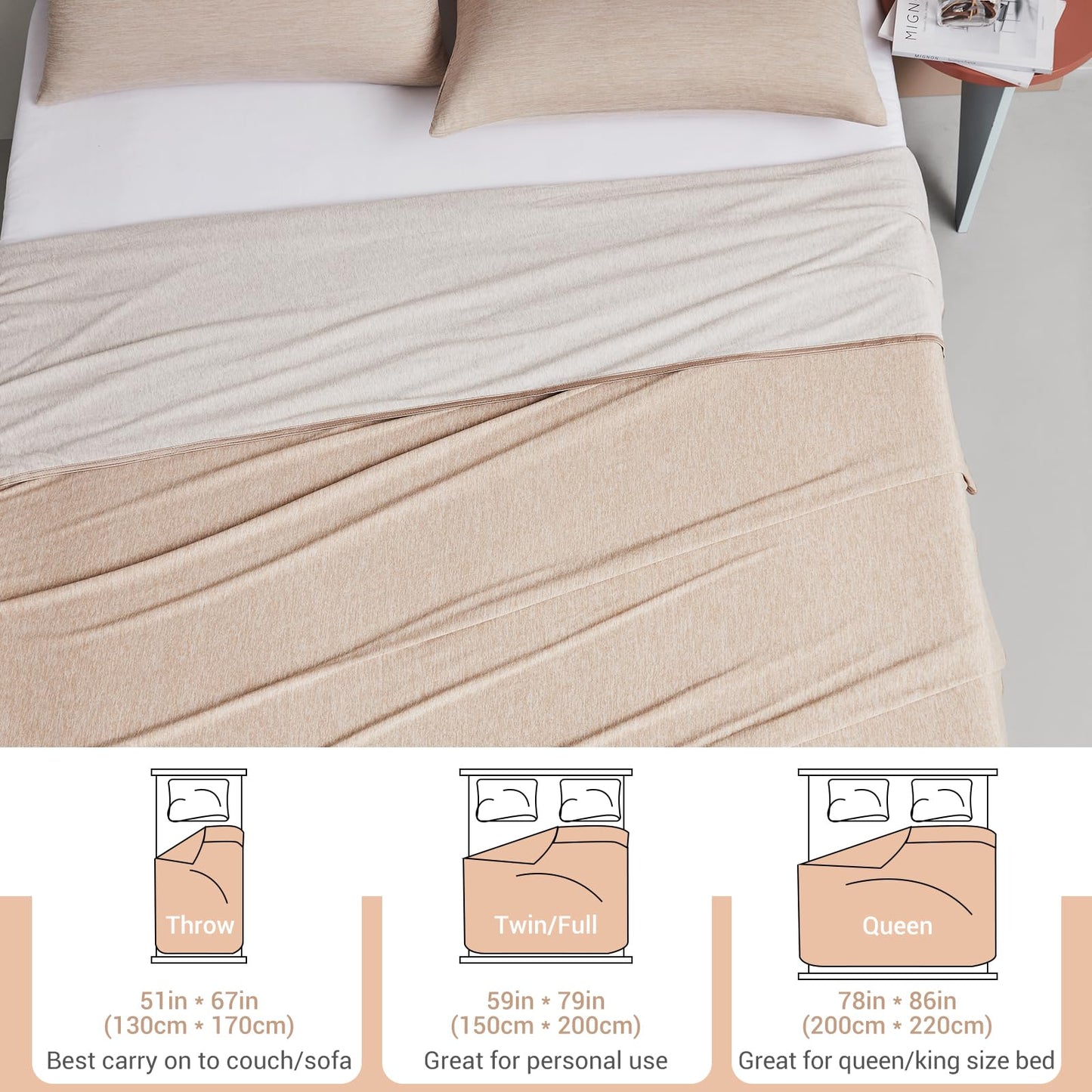 Elegear Cooling Blanket 130 x 170cm, Japanese Arc-Chill 3.0 Q-Max>0.5 Cooling Fibers 2in1 Self-cooling Summer Blanket Double-sided, absorbs body heat, cooling blanket for people Thin Throw Blanket Beige