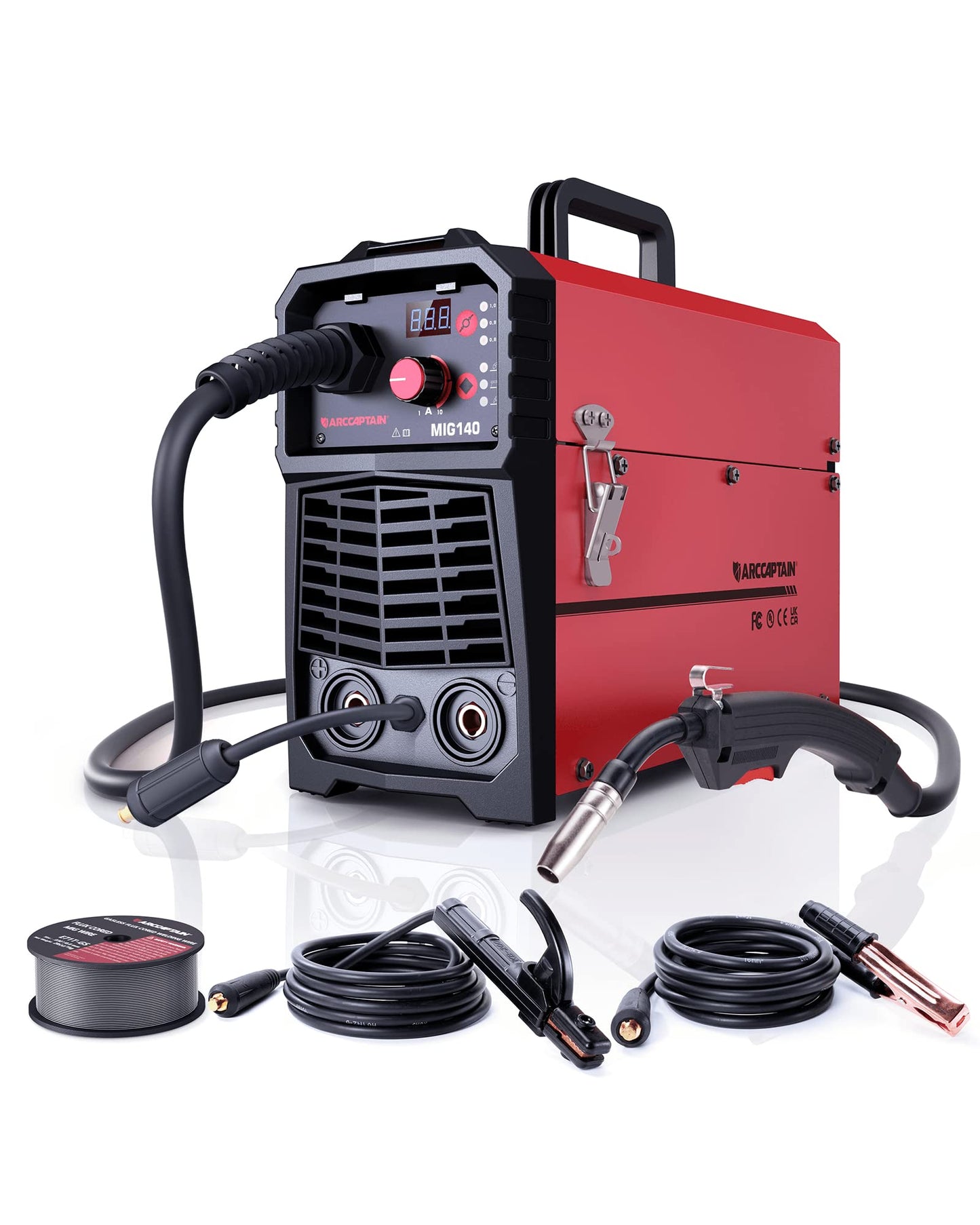 ARCCAPTAIN MIG MAG Shielding Gas Welding Machine IGBT 140A AC230V, 5 in 1 Combo Welding Machine with Flux Core Wire (FCAW)/MMA Stick/Lift TIG with Synergic Wire Feed, comes with 1kg of 0.8mm Flux Core Wire.