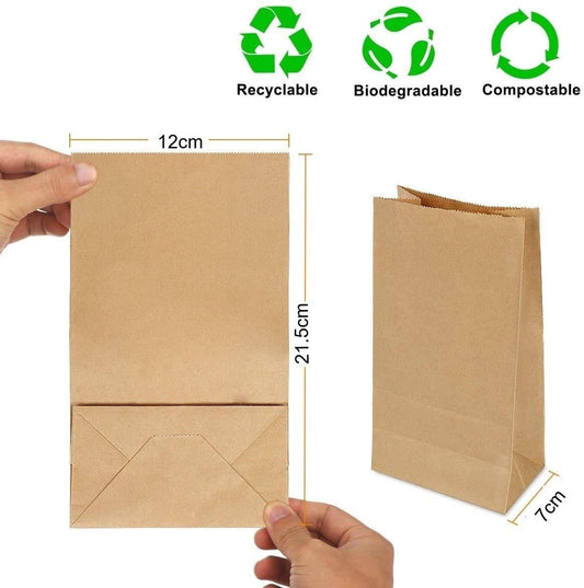 100 pieces of brown paper bags, gift bags, party bags made of kraft paper. Ideal for birthday parties, Christmas, weddings, and corporate events. Thicken 70gsm paper.