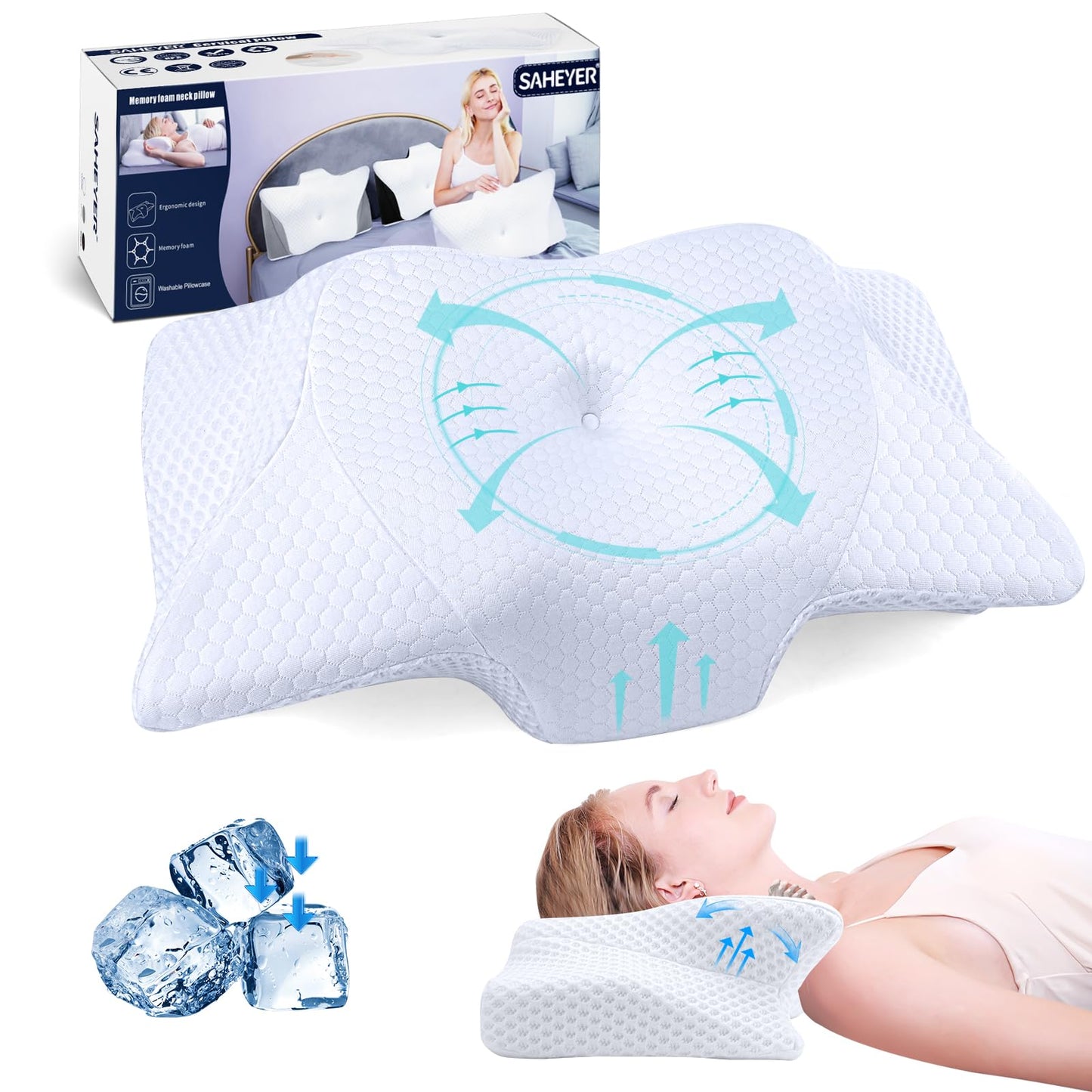 SAHEYER Memory Foam Pillow Neck Support Pillow, Ergonomic Orthopedic Pillow Side Sleeper Pillow Neck Pillow for Side, Back & Stomach Sleepers