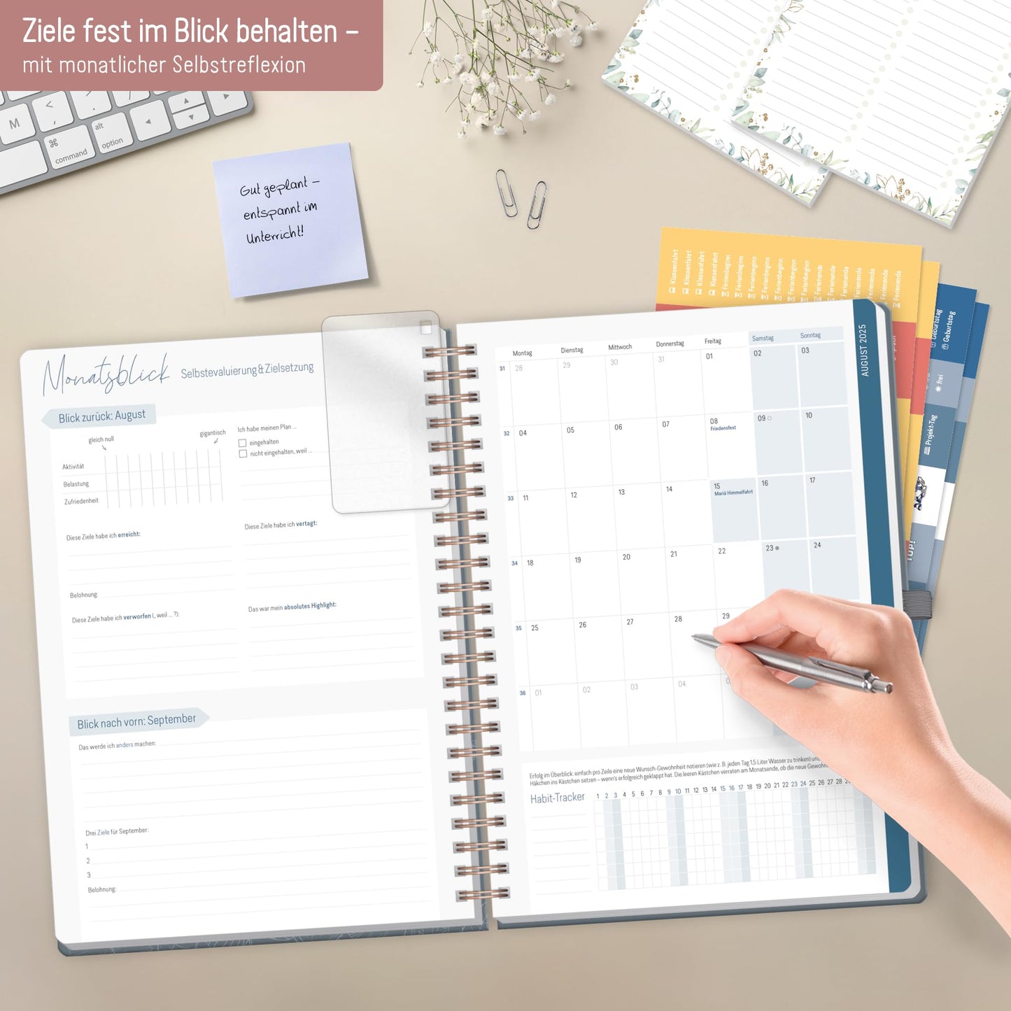 Häfft® Teacher Planner 2025/2026 A4 + Deluxe "Poppy" Hardcover Teacher Planner large, school year planner with spiral binding, school planner - sustainable & eco-friendly